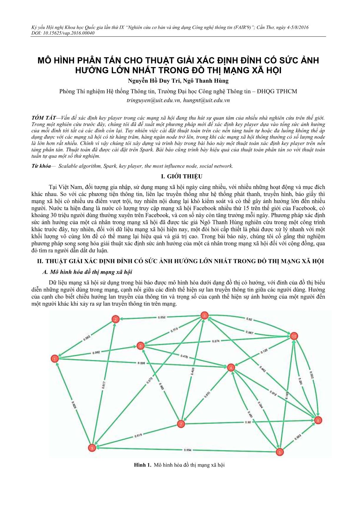 Mô hình phân tán cho thuật giải xác định đỉnh có sức ảnh hưởng lớn nhất trong đồ thị mạng xã hội trang 1