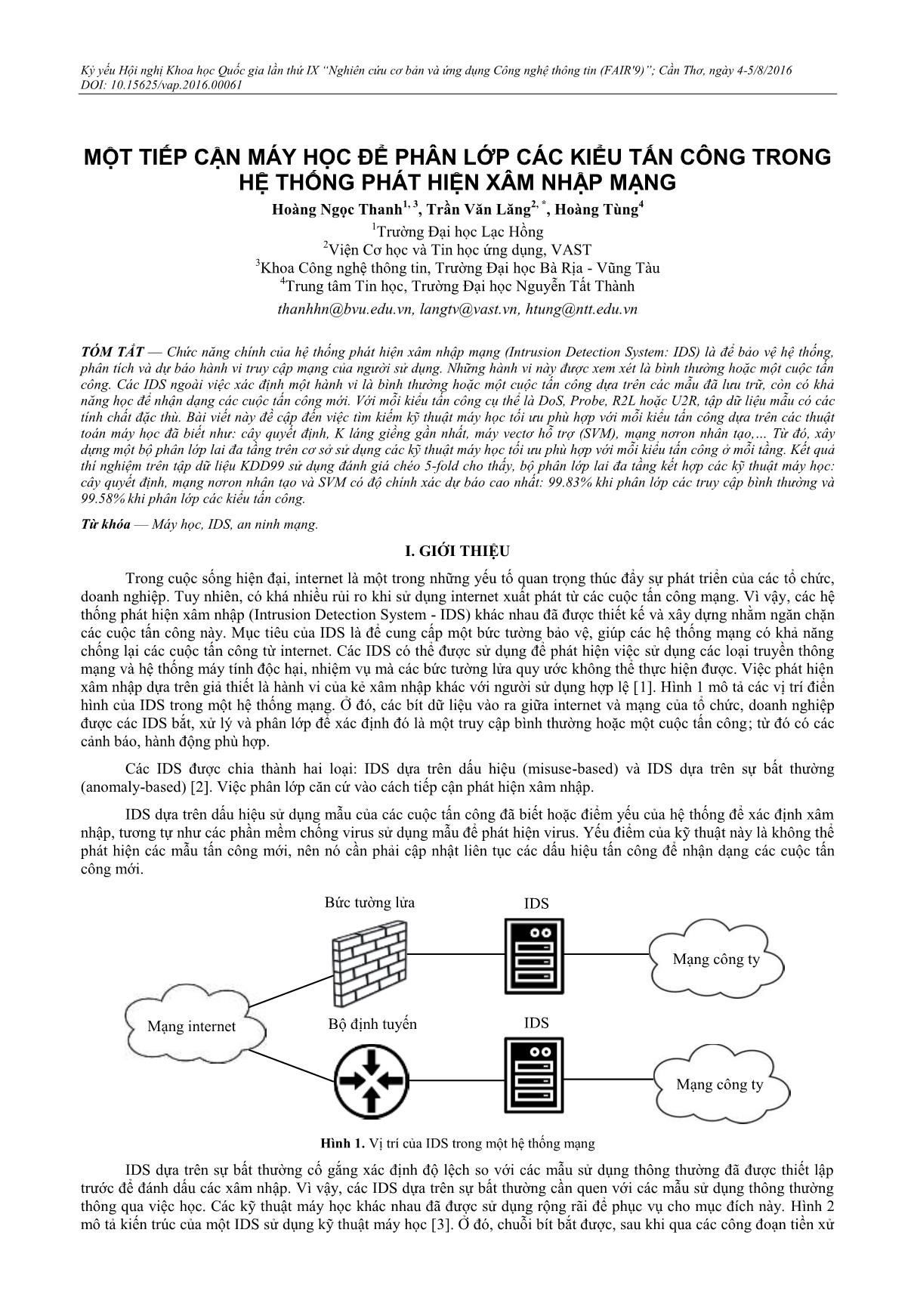 Một tiếp cận máy học để phân lớp các kiểu tấn công trong hệ thống phát hiện xâm nhập mạng trang 1