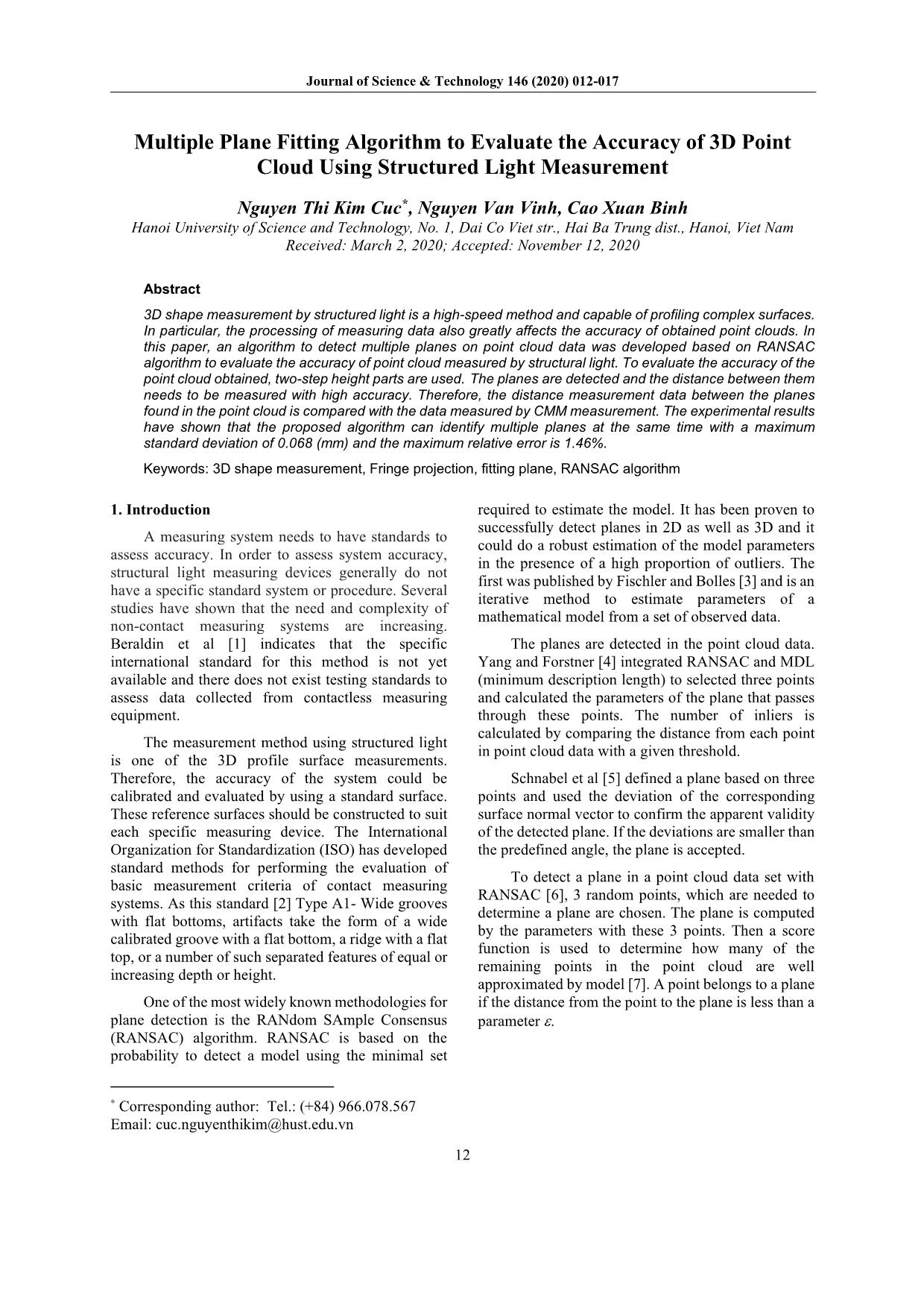 Multiple plane fitting algorithm to evaluate the accuracy of 3D point cloud using structured light measurement trang 1