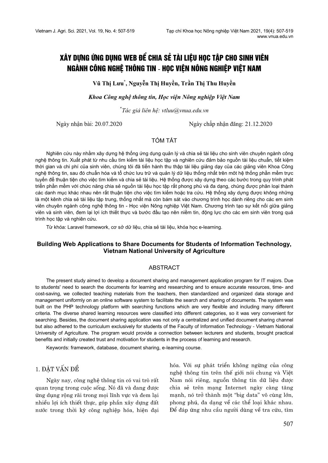 Xây dựng ứng dụng Web để chia sẻ tài liệu học tập cho sinh viên ngành công nghệ thông tin - Học viện Nông nghiệp Việt Nam trang 1