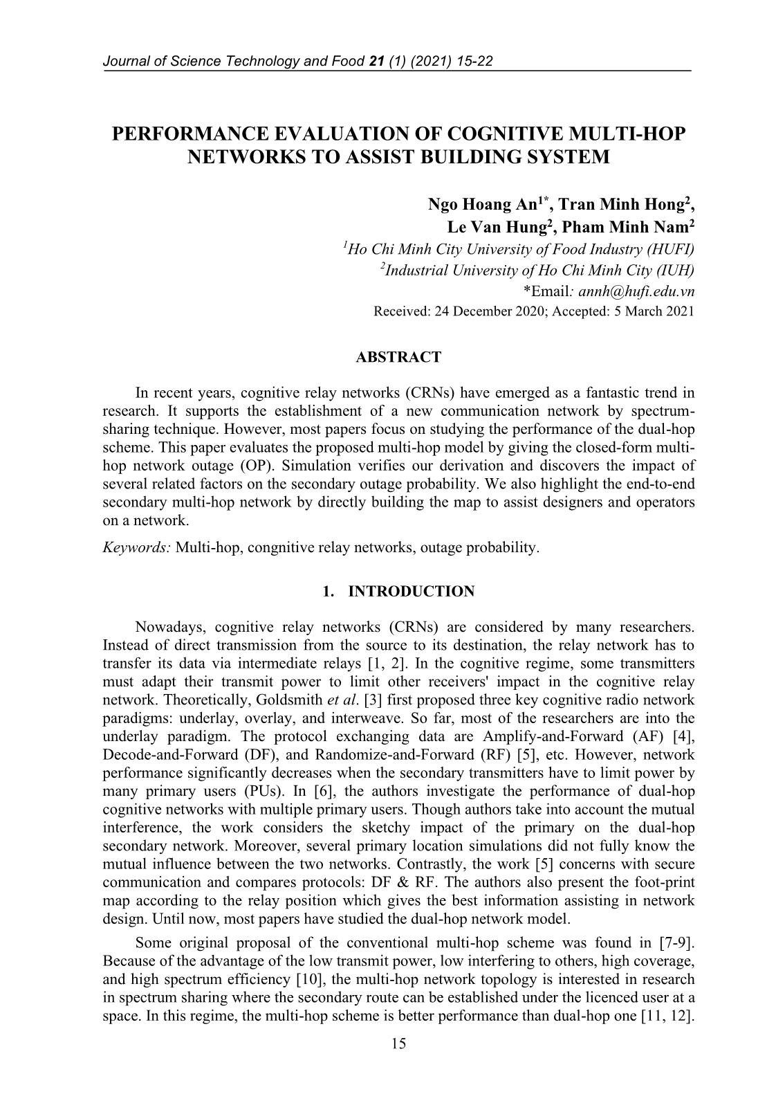 Performance evaluation of cognitive multi-hop networks to assist building system trang 1