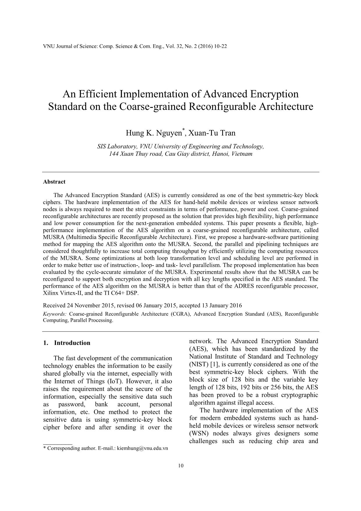 An efficient implementation of advanced encryption standard on the coarse - Grained reconfigurable architecture trang 1