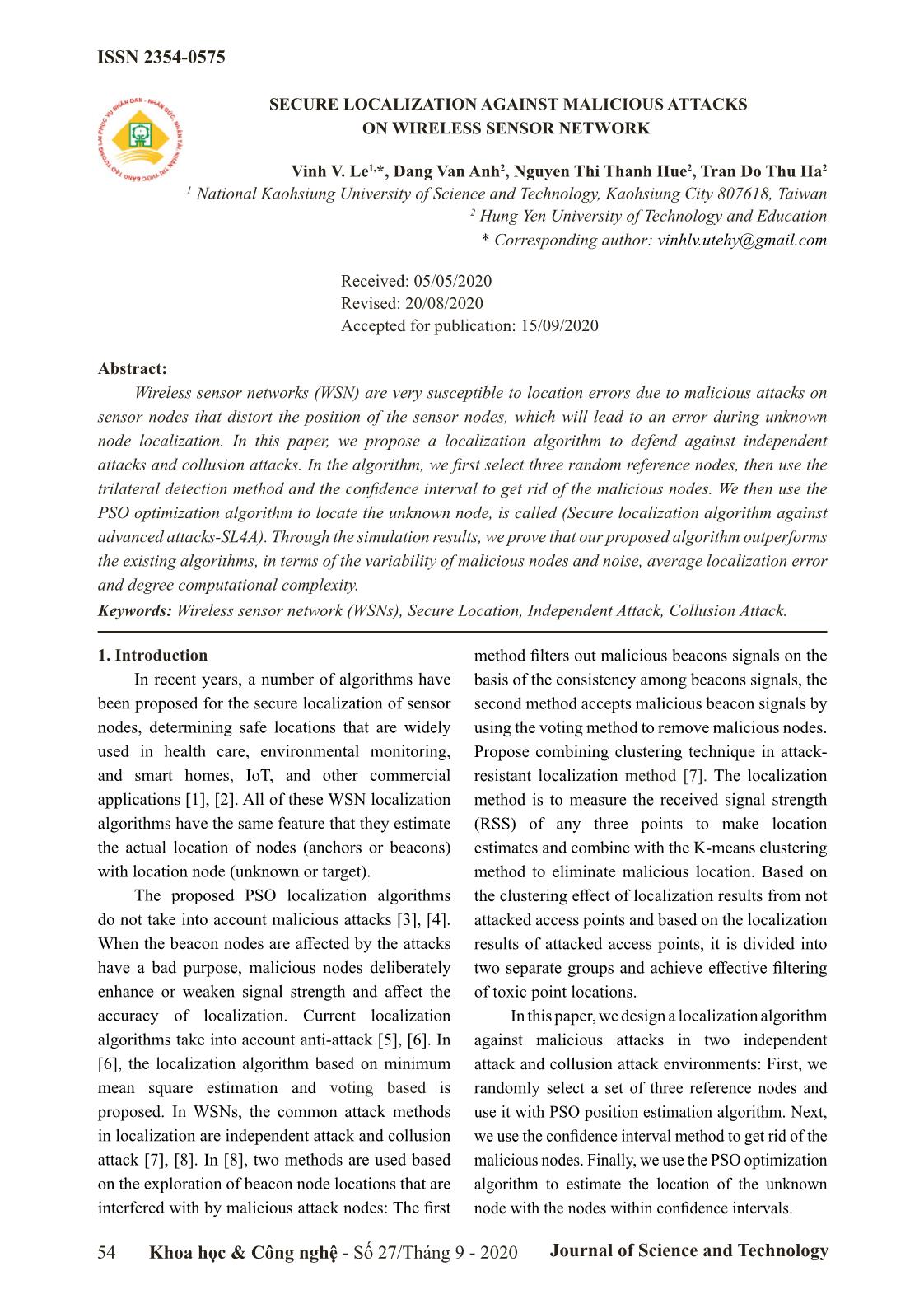 Secure localization against malicious attacks on wireless sensor network trang 1