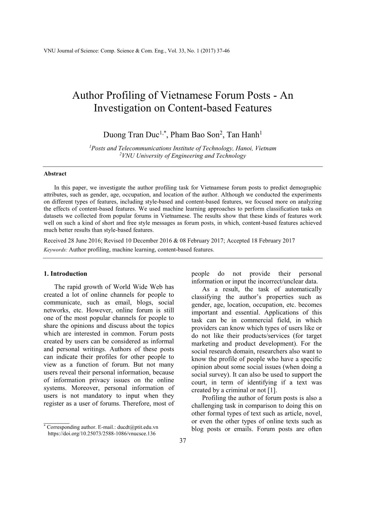 Author profiling of vietnamese forum posts - An investigation on content - Based features trang 1