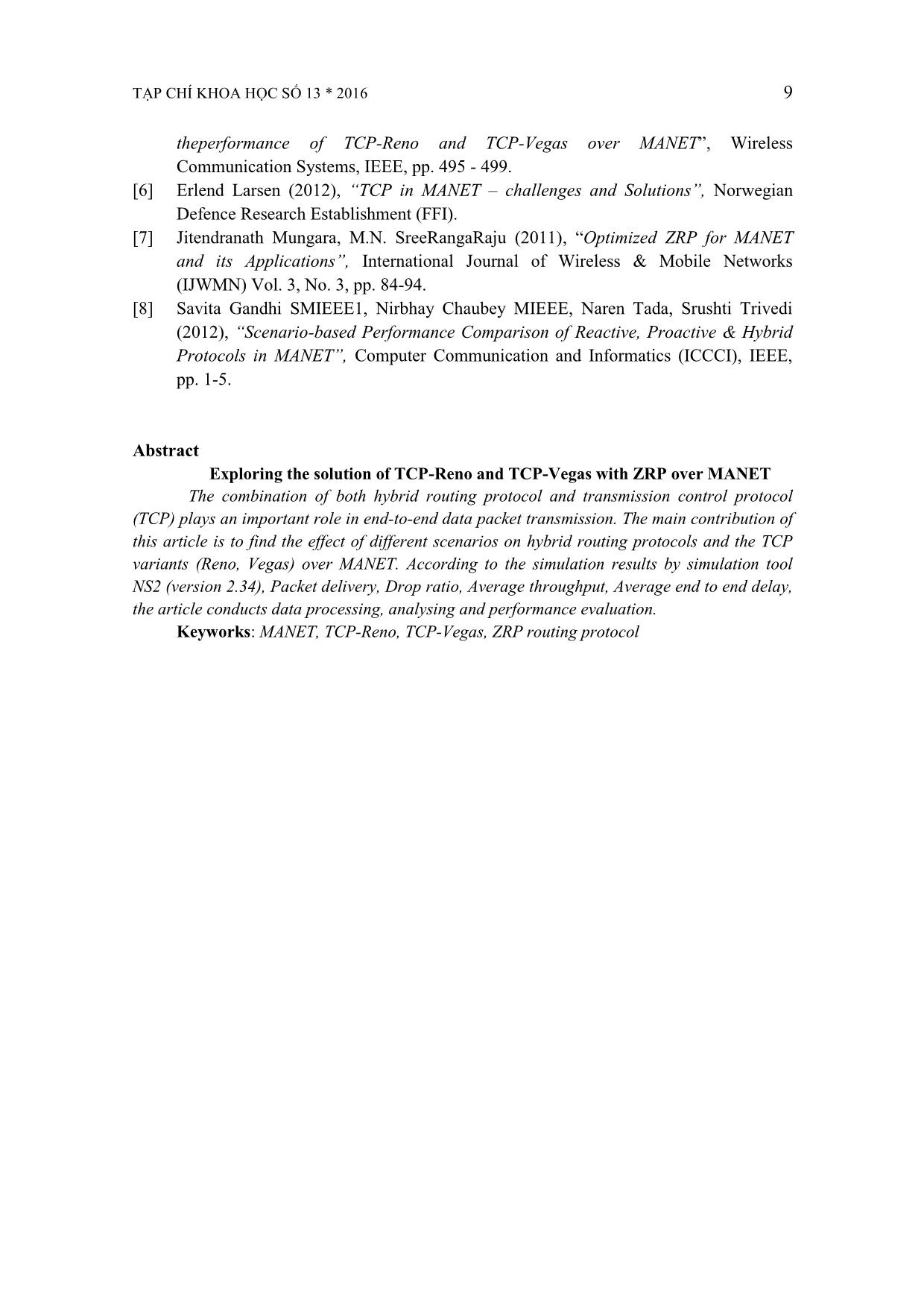Tìm hiểu giải pháp kết hợp của TCP-Reno và Vegas với giao thức định tuyến ZRP trên mạng MANET trang 9