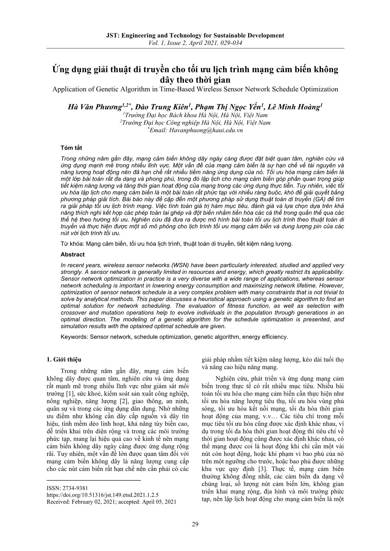 Ứng dụng giải thuật di truyền cho tối ưu lịch trình mạng cảm biến không dây theo thời gian trang 1