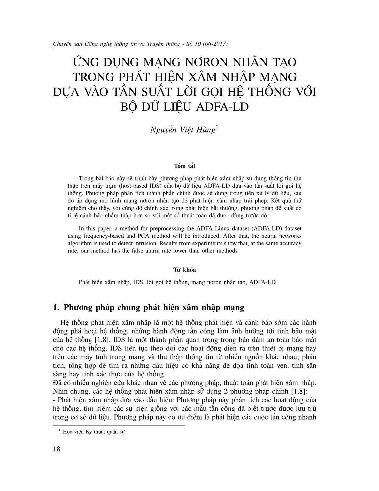 Ứng dụng mạng nơron nhân tạo trong phát hiện xâm nhập mạng dựa vào tần suất lời gọi hệ thống với bộ dữ liệu ADFA-LD trang 1