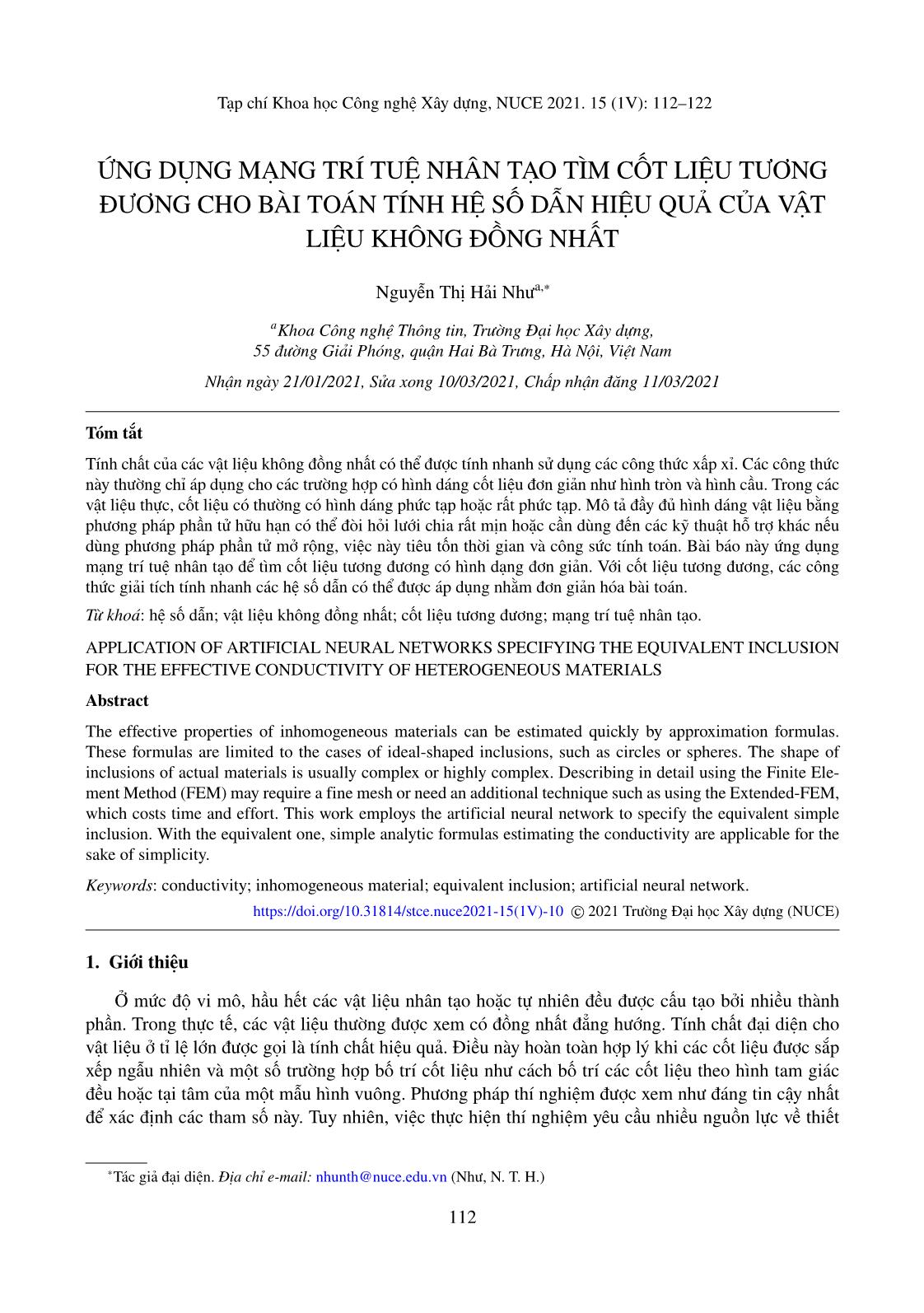Ứng dụng mạng trí tuệ nhân tạo tìm cốt liệu tương đương cho bài toán tính hệ số dẫn hiệu quả của vật liệu không đồng nhất trang 1