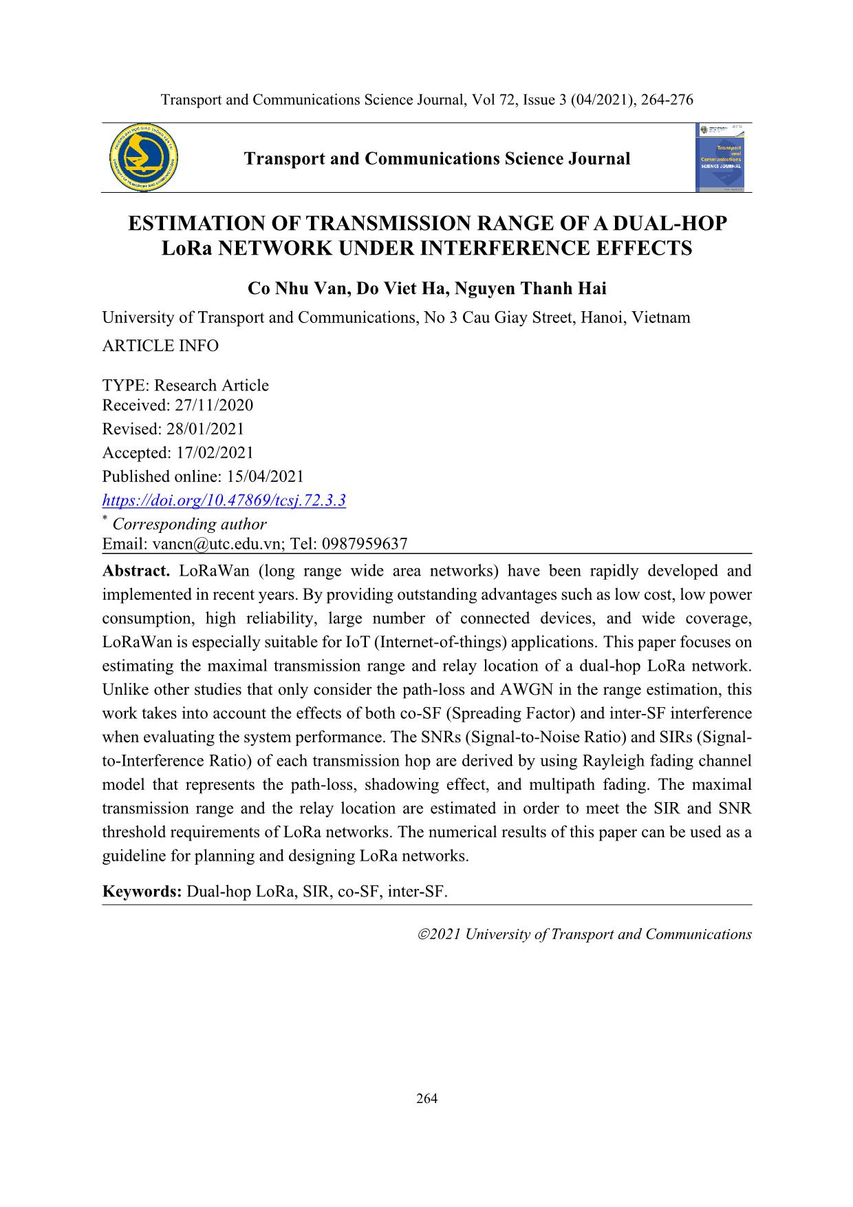 Estimation of transmission range of a dual-hop LoRa network under interference effects trang 1