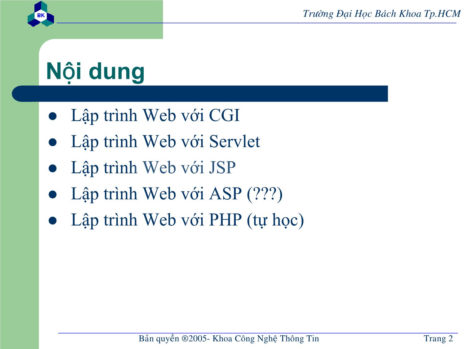 Bài giảng Lập trình mạng dùng Socket - Chương 5: Lập trình web chạy ở server trang 2