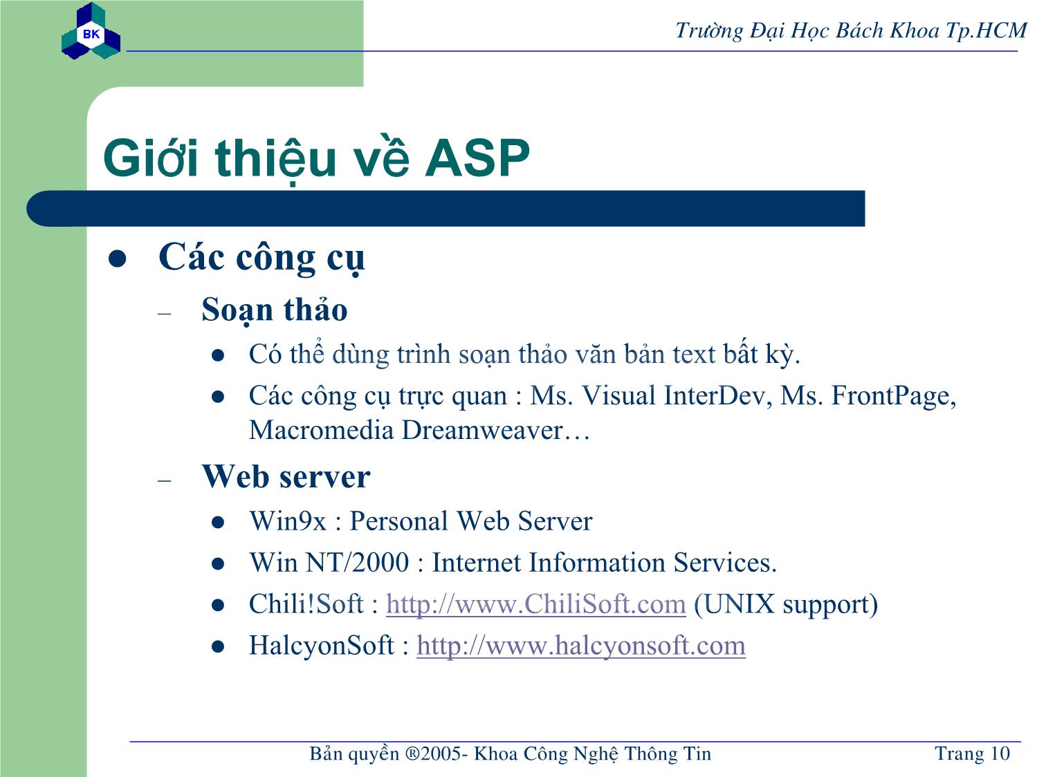 Bài giảng Lập trình mạng dùng Socket - Chương 5: Lập trình web chạy ở server (Tiếp theo) trang 10