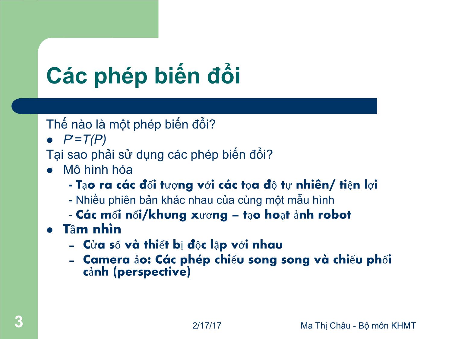 Bài giảng Đồ họa máy tính - Bài: Các phép biến đổi - Mai Thị Châu trang 3