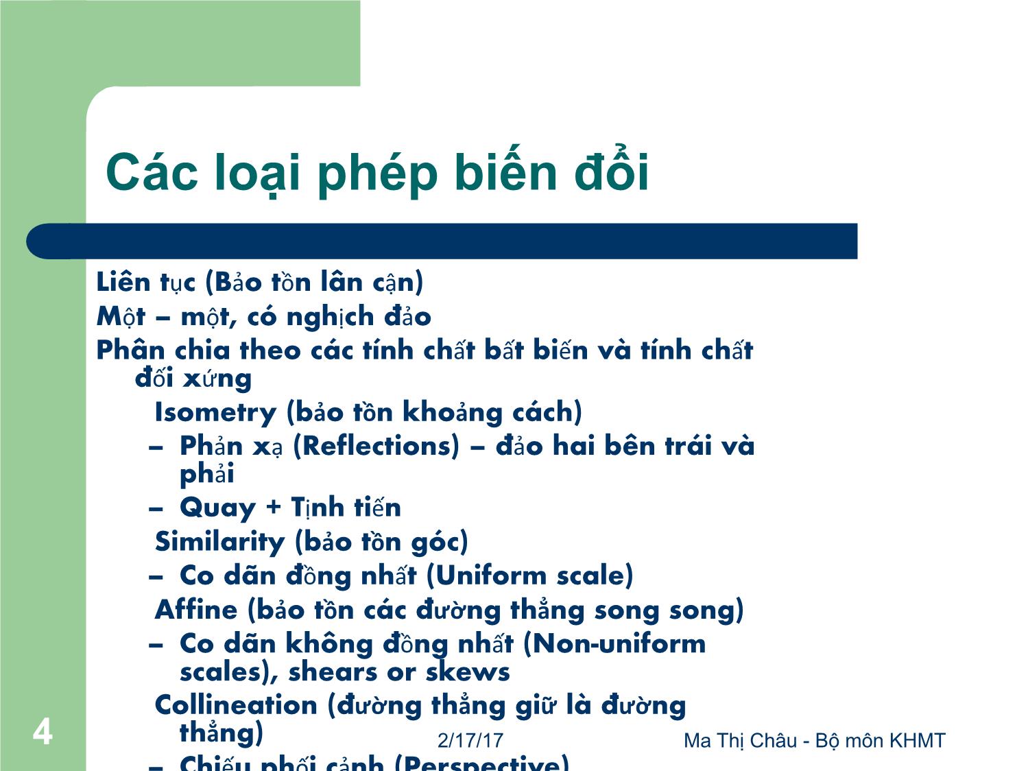 Bài giảng Đồ họa máy tính - Bài: Các phép biến đổi - Mai Thị Châu trang 4