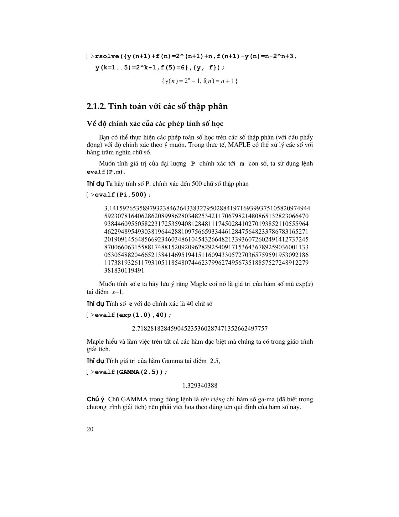 Giáo trình Maple - Chương 2: Thực hành tính toán trên Maple trang 10