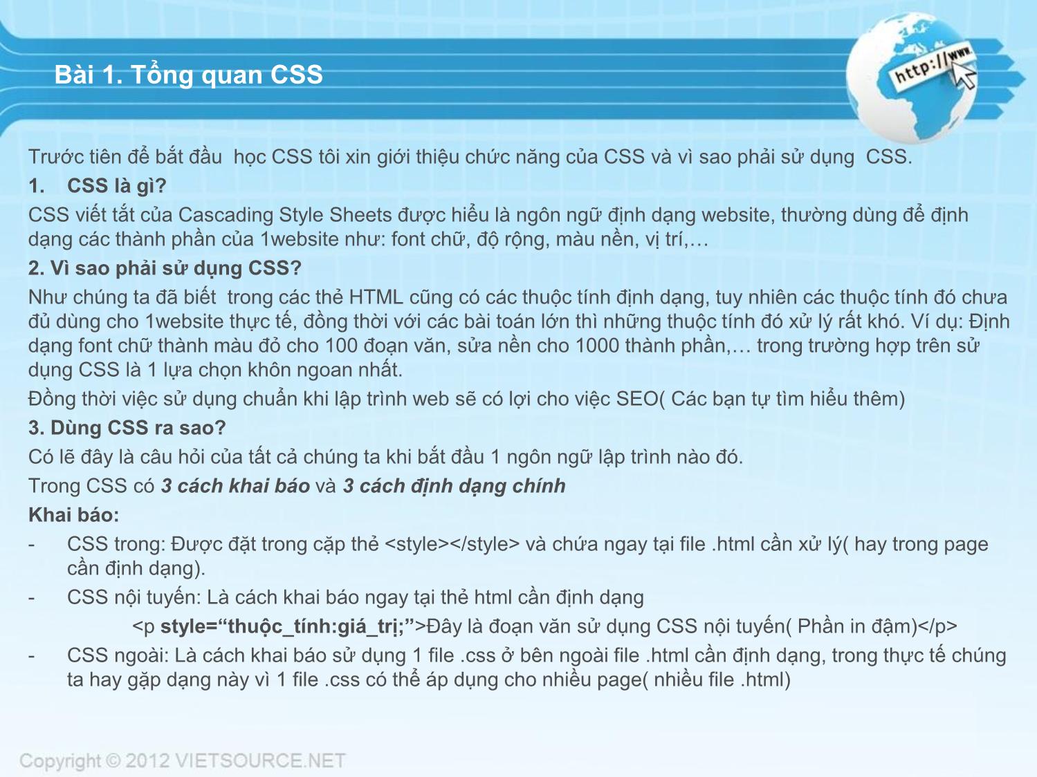 Bài giảng CSS - Bài 1: Tổng quan CSS trang 1