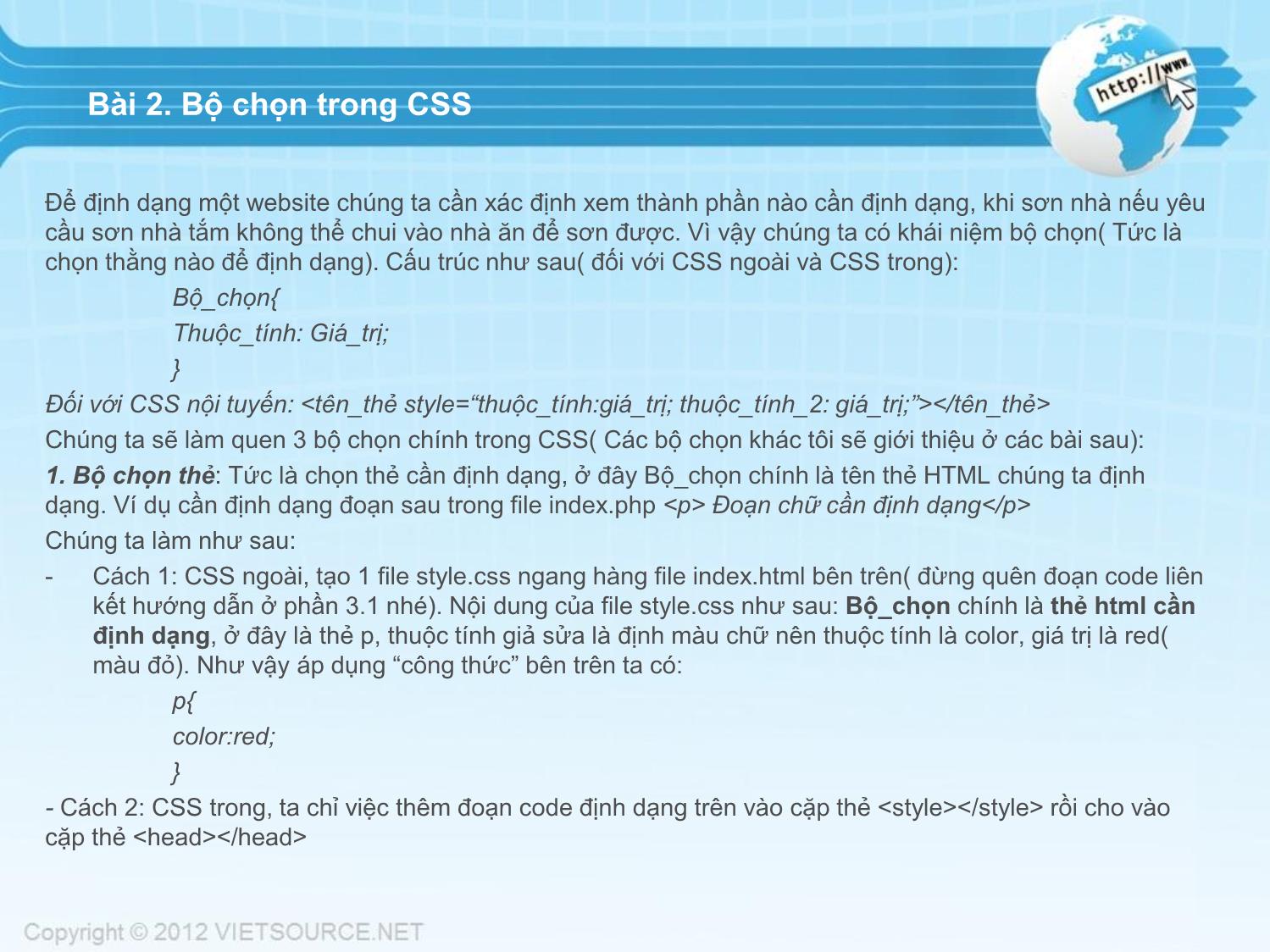 Bài giảng CSS - Bài 2: Bộ chọn trong CSS trang 1
