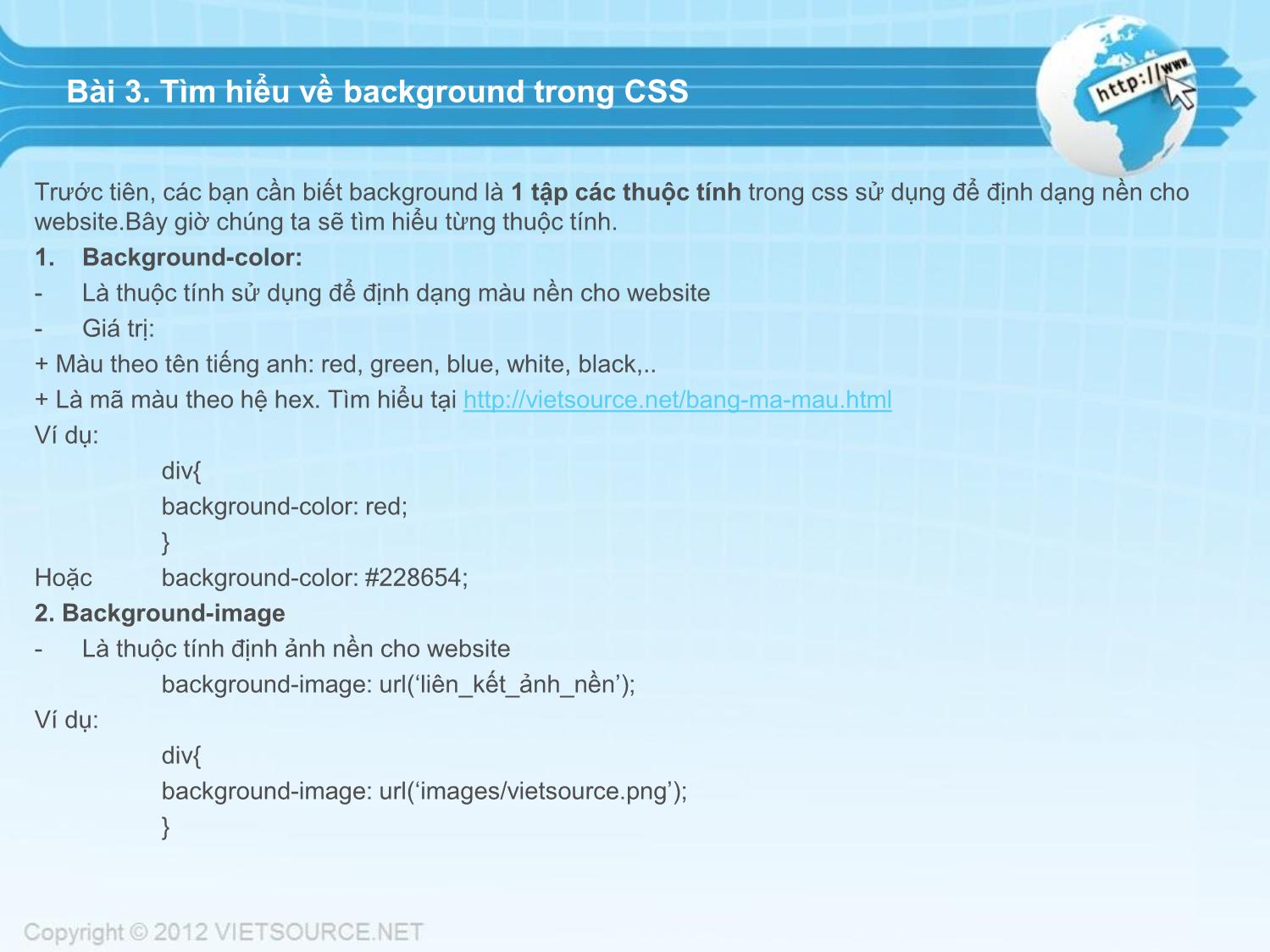 Bài giảng CSS - Bài 3: Tìm hiểu về background trong CSS trang 1