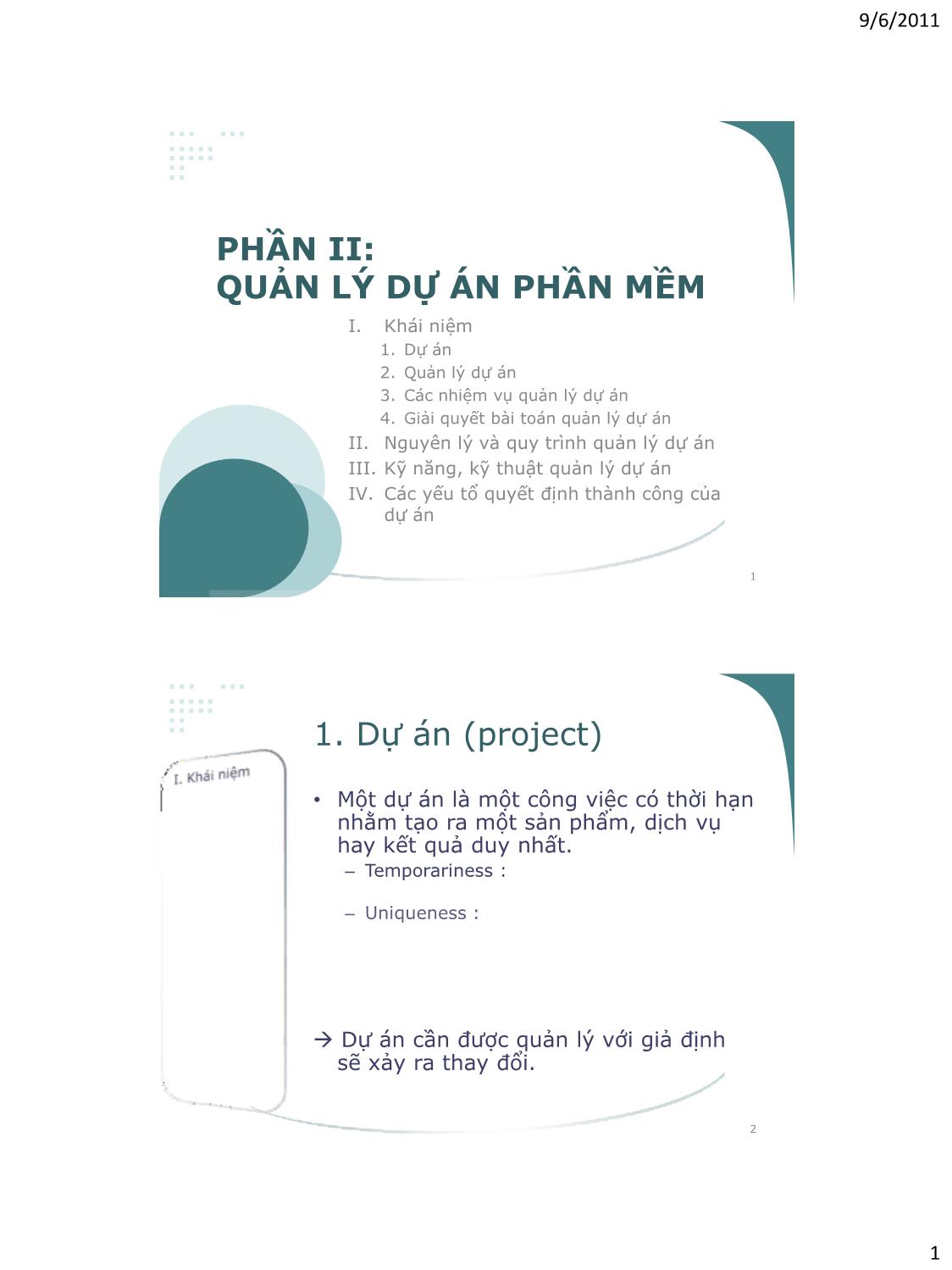 Bài giảng Công nghệ phần mềm - Phần II: Quản lý dự án phần mềm - Vũ Thị Hương Giang trang 1