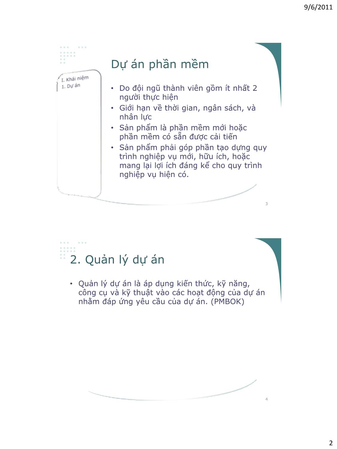 Bài giảng Công nghệ phần mềm - Phần II: Quản lý dự án phần mềm - Vũ Thị Hương Giang trang 2