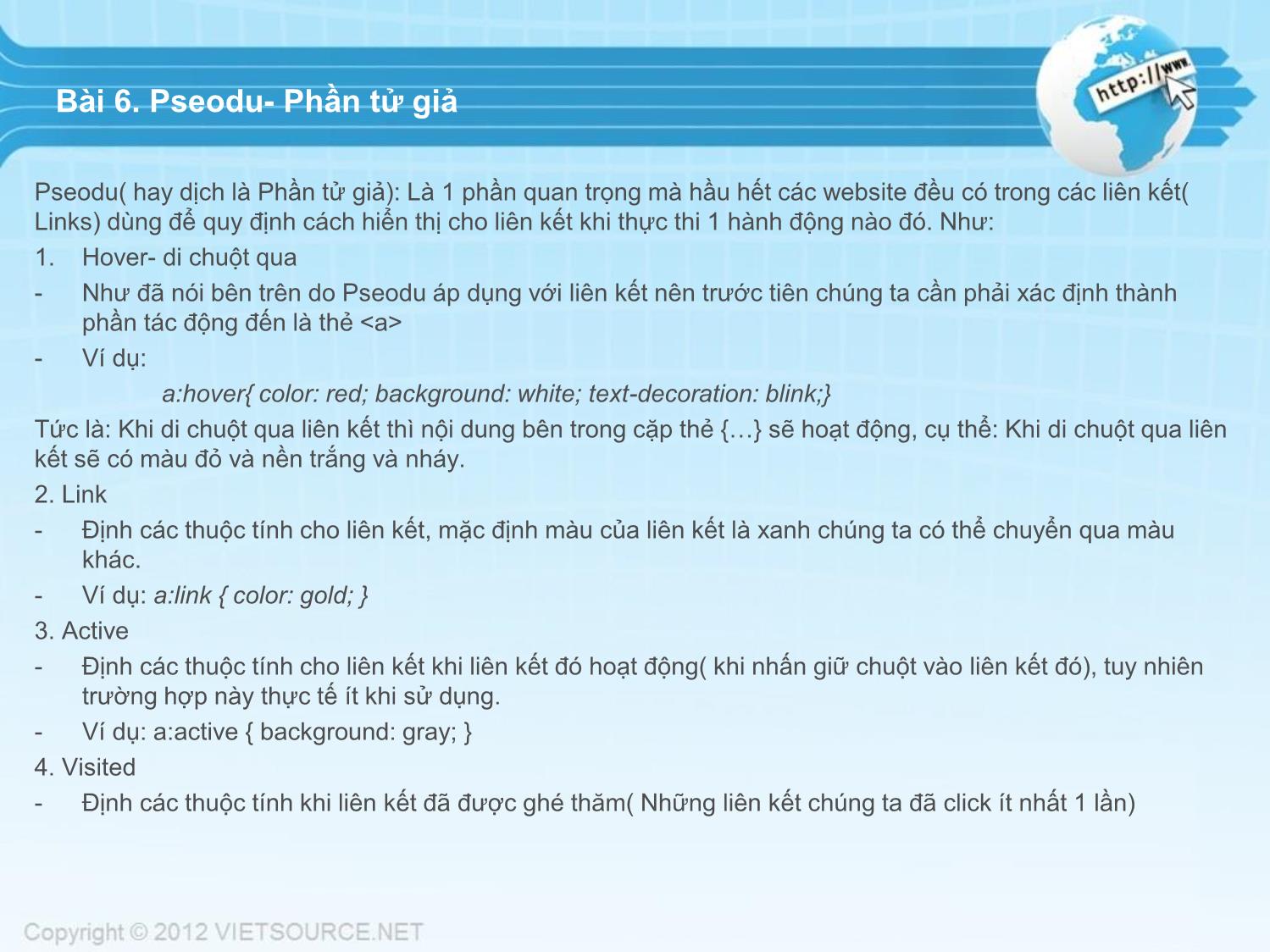 Bài giảng CSS - Bài 6: Pseodu. Phần tử giả trang 1