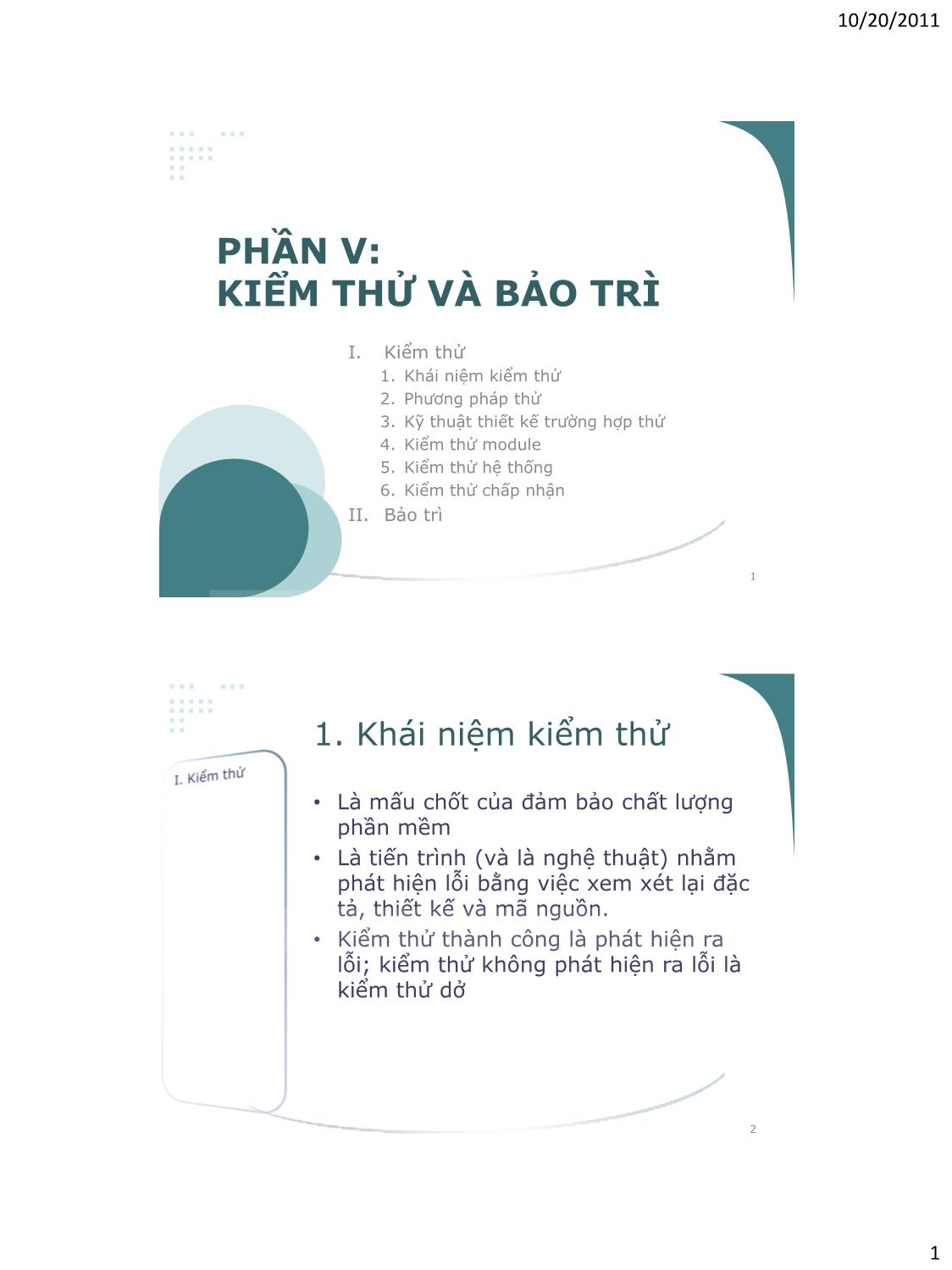 Bài giảng Công nghệ phần mềm - Phần V: Kiểm thử và bảo trì - Vũ Thị Hương Giang trang 1