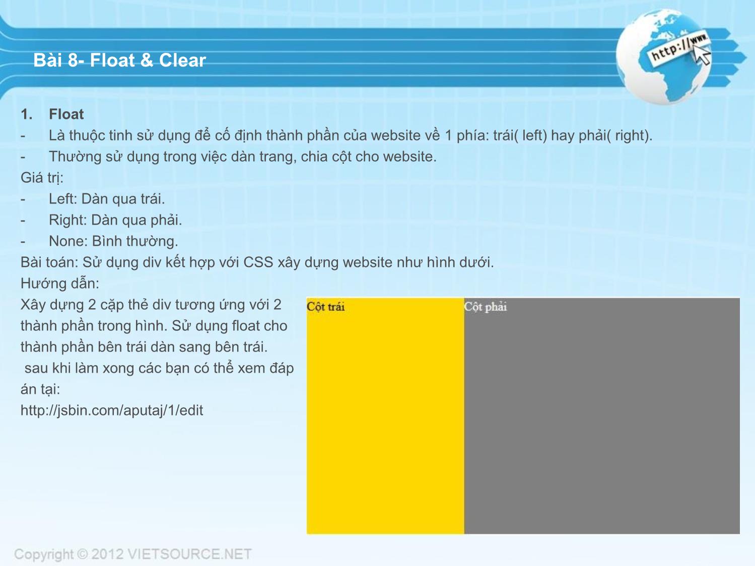 Bài giảng CSS - Bài 8: Float and Clear trang 1