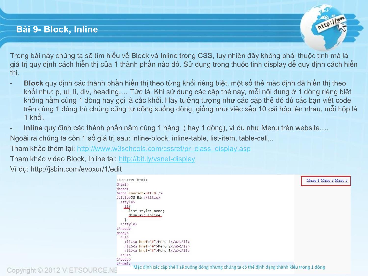 Bài giảng CSS - Bài 9: Block, Inline trang 1