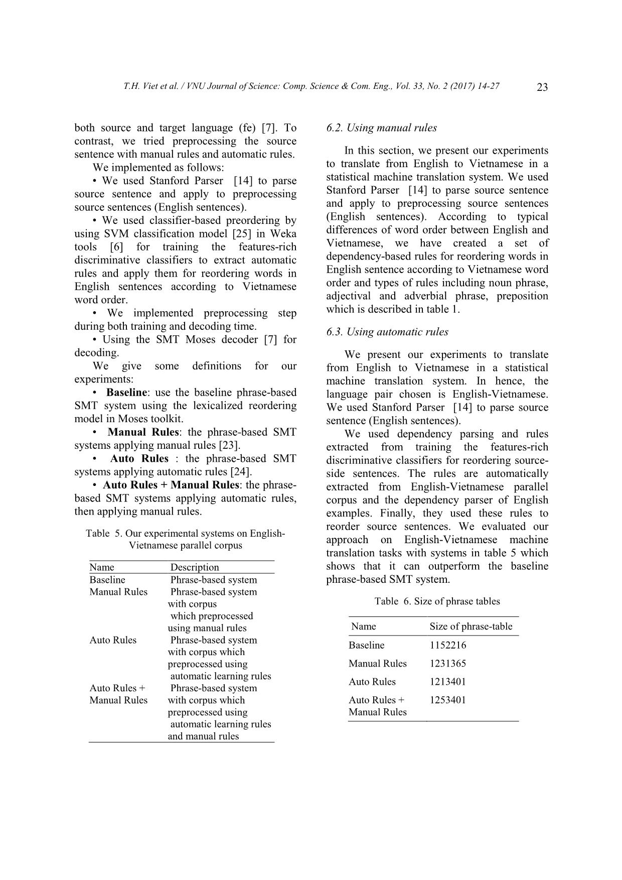 Dependency - Based pre - ordering for English - Vietnamese statistical machine translation trang 10