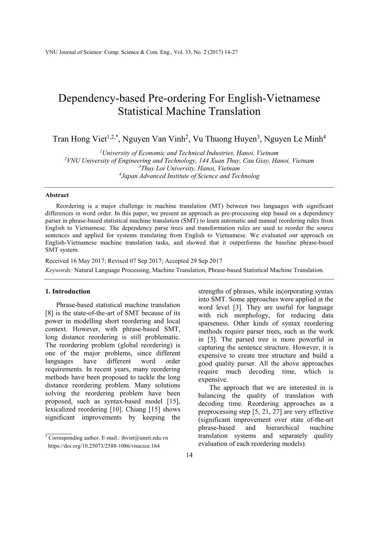 Dependency - Based pre - ordering for English - Vietnamese statistical machine translation trang 1