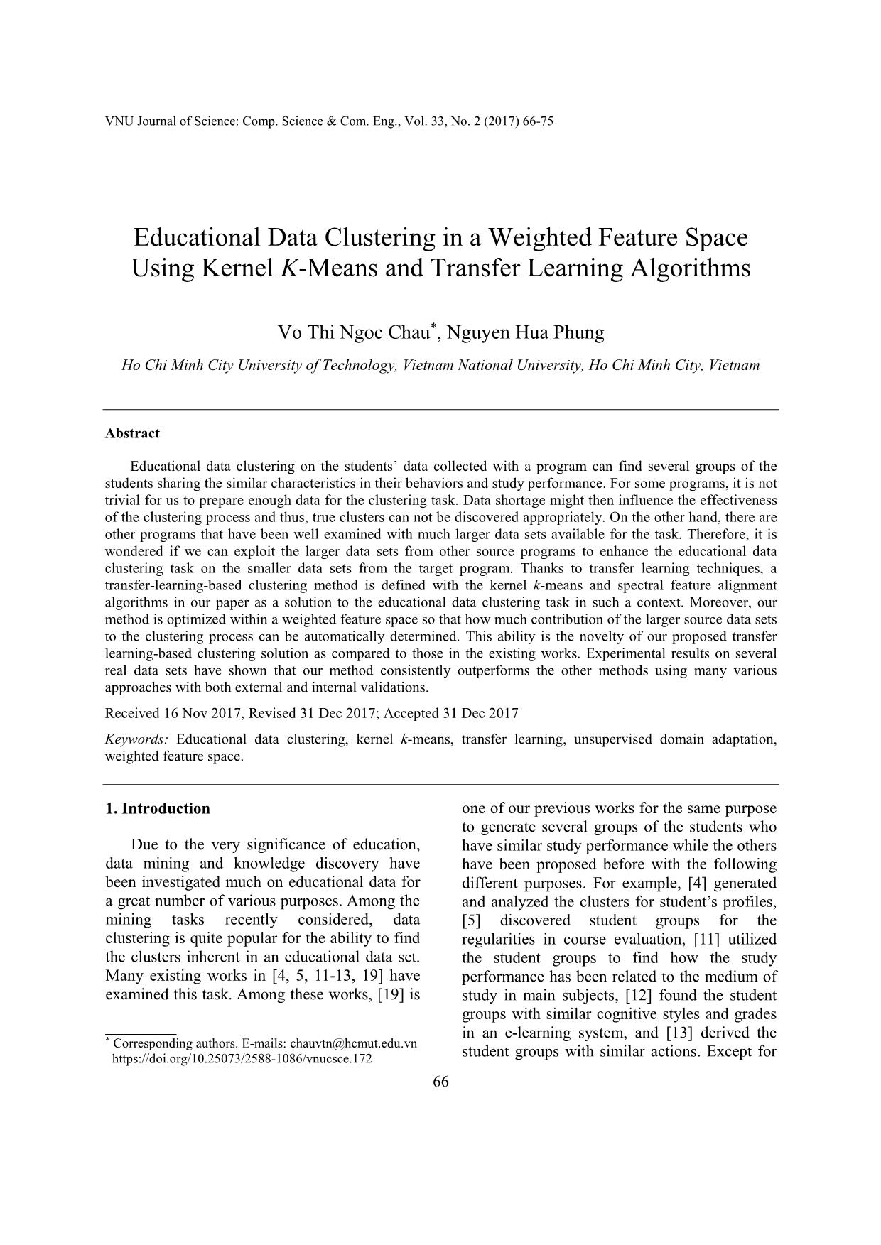 Educational data clustering in a weighted feature space using kernel K-means and transfer learning algorithms trang 1