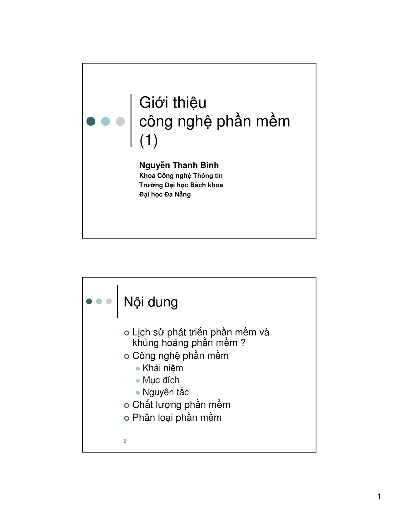 Bài giảng Nhập môn công nghệ phần mềm - Chương 1: Giới thiệu công nghệ phần mềm - Nguyễn Thanh Bình trang 1