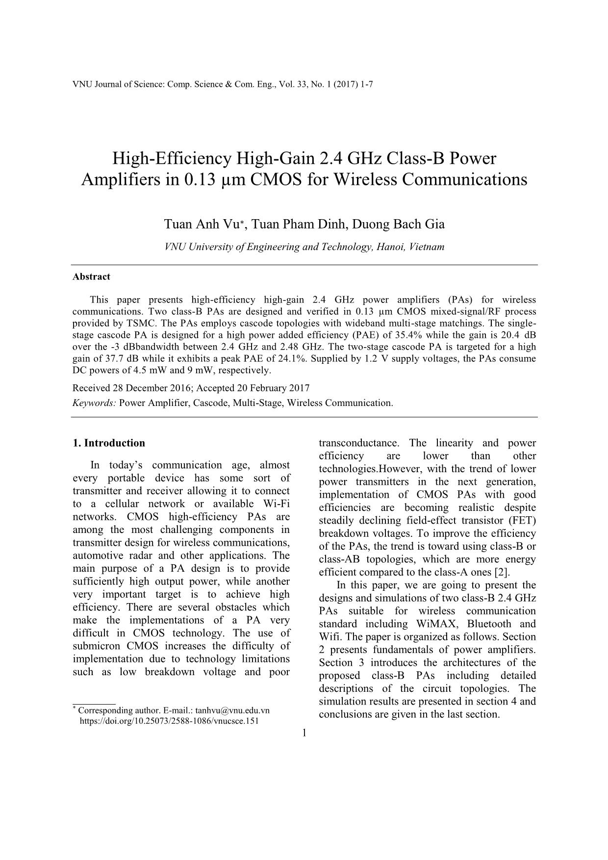 High-Efficiency high-gain 2.4 GHz class-b power amplifiers in 0.13 µm cmos for wireless communications trang 1