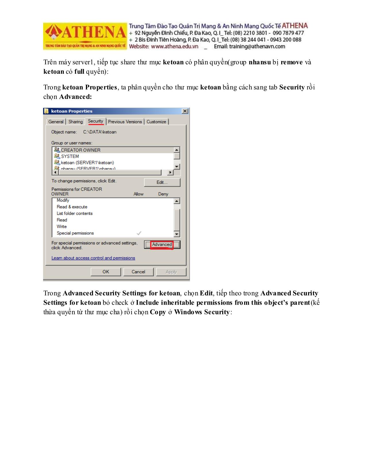 Tài liệu Hướng dẫn thực hành quản trị mạng - NTFS Permission trang 10