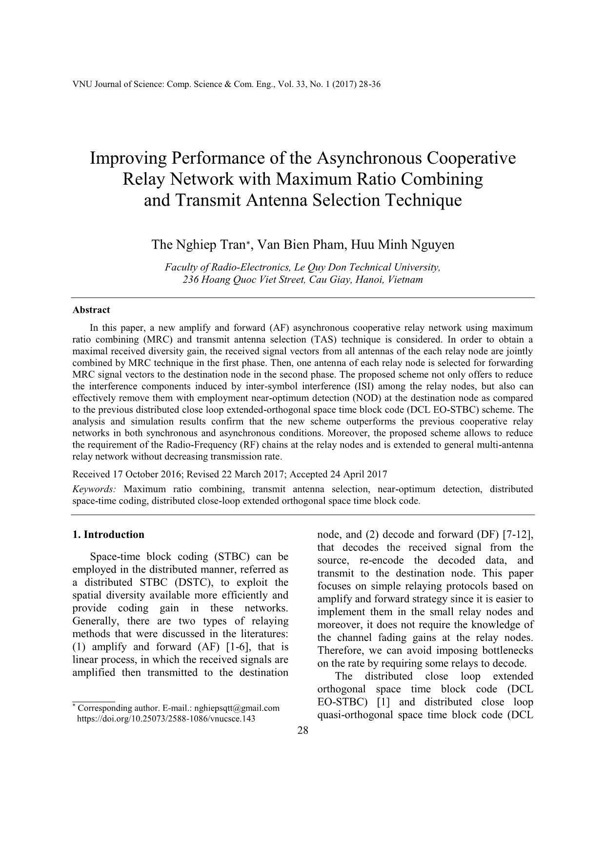 Improving performance of the asynchronous cooperative relay network with maximum ratio combining and transmit antenna selection technique trang 1