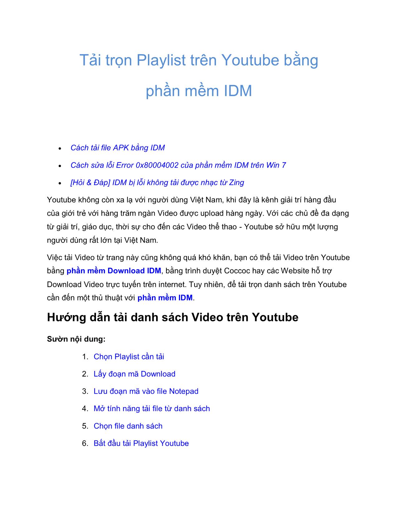 Tài liệu Tải trọn Playlist trên Youtube bằng phần mềm IDM trang 1