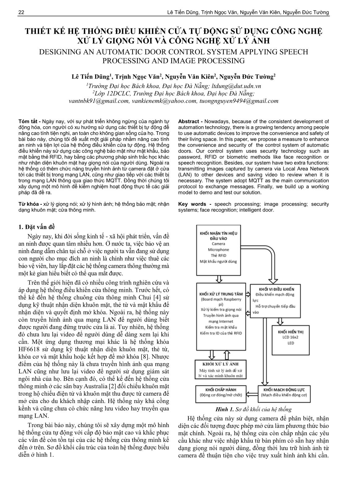 Thiết kế hệ thống điều khiển cửa tự động sử dụng công nghệ xử lý giọng nói và công nghệ xử lý ảnh trang 1