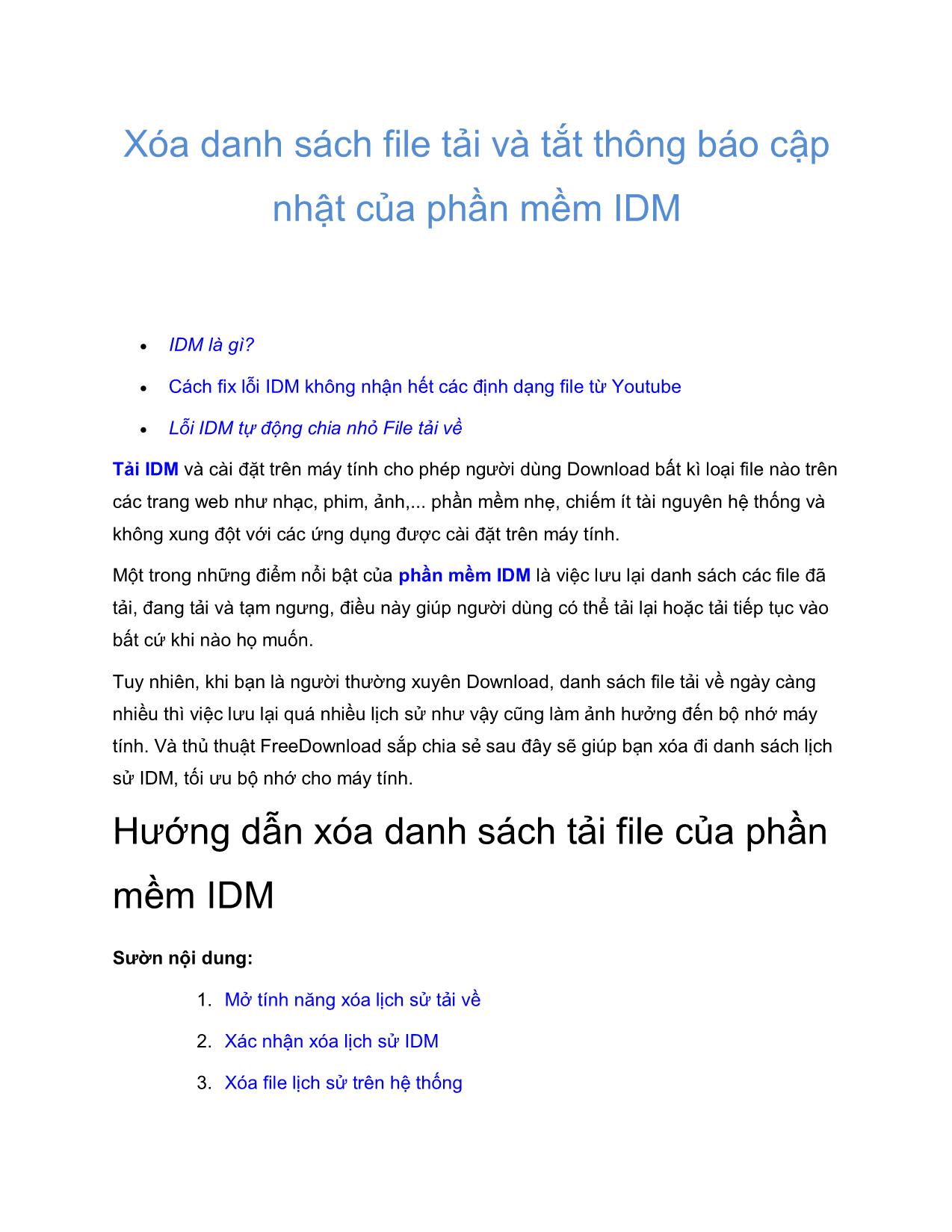 Tài liệu Xóa danh sách file tải và tắt thông báo cập nhật của phần mềm IDM trang 1