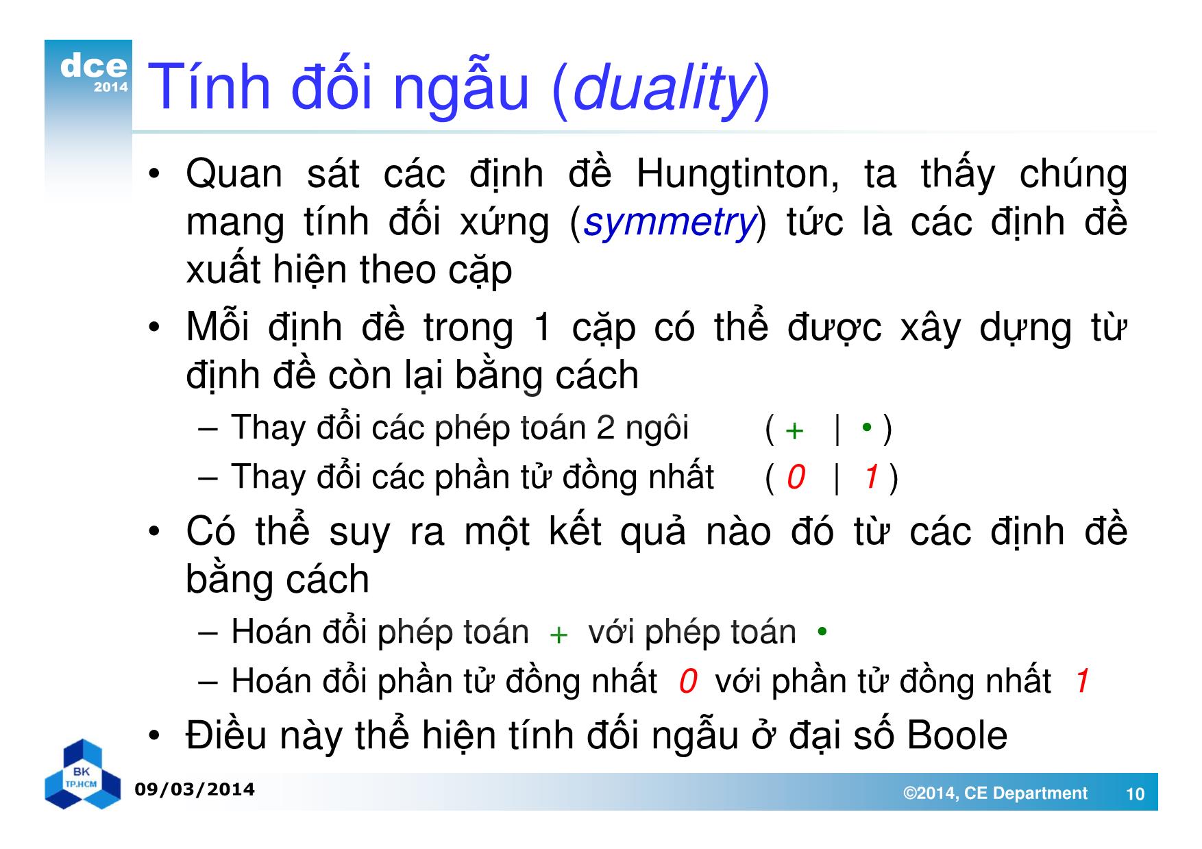 Bài giảng thiết kế luận lý 1 - Chương 2: Đại số Boole và các cổng luận lý trang 10