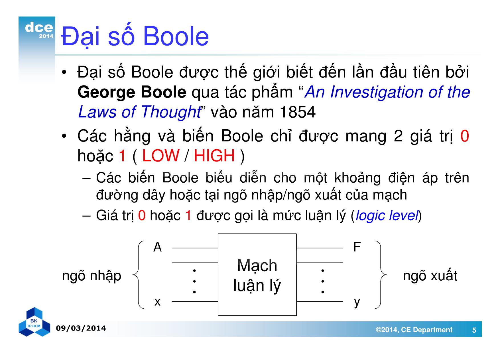 Bài giảng thiết kế luận lý 1 - Chương 2: Đại số Boole và các cổng luận lý trang 5