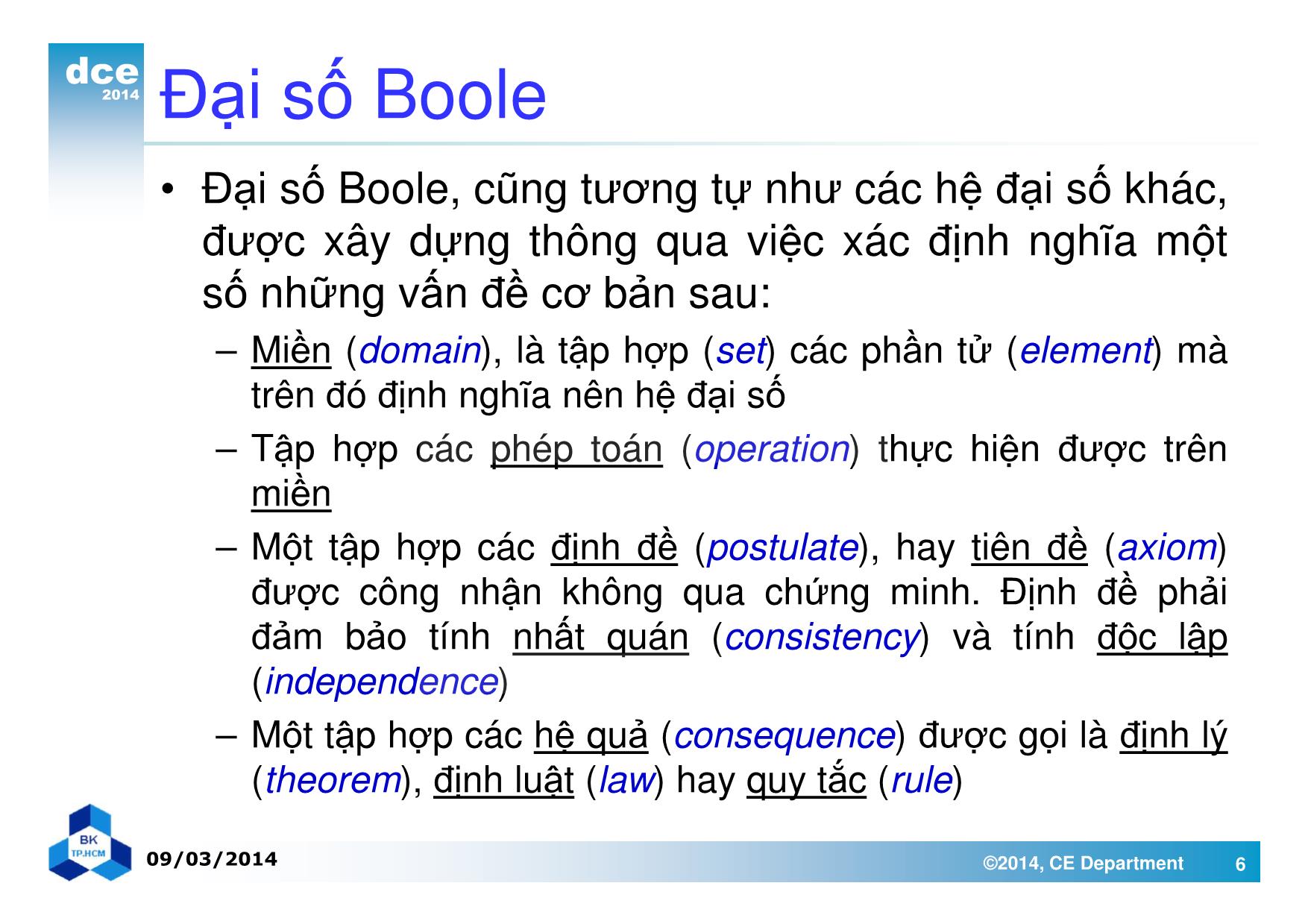 Bài giảng thiết kế luận lý 1 - Chương 2: Đại số Boole và các cổng luận lý trang 6