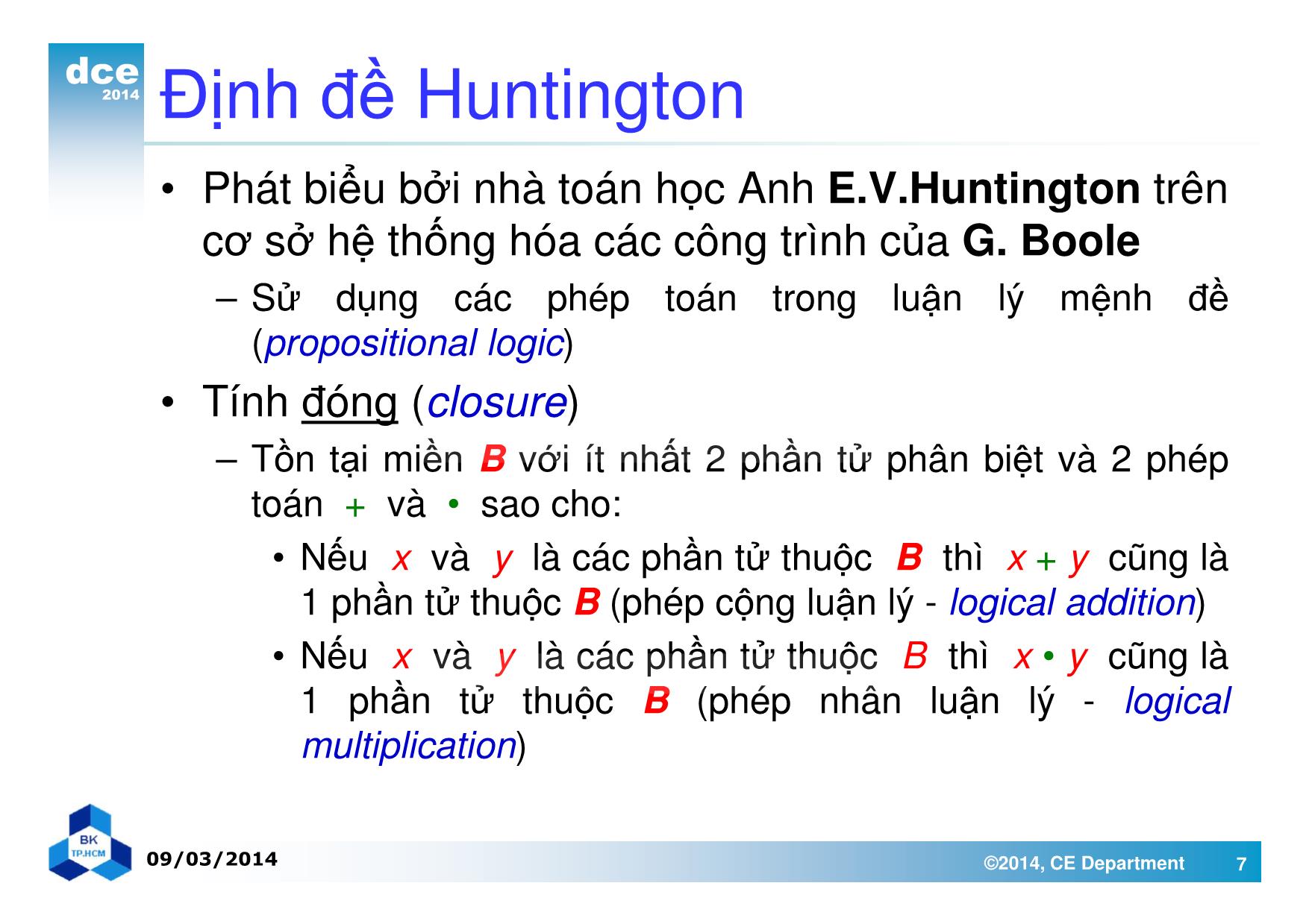 Bài giảng thiết kế luận lý 1 - Chương 2: Đại số Boole và các cổng luận lý trang 7