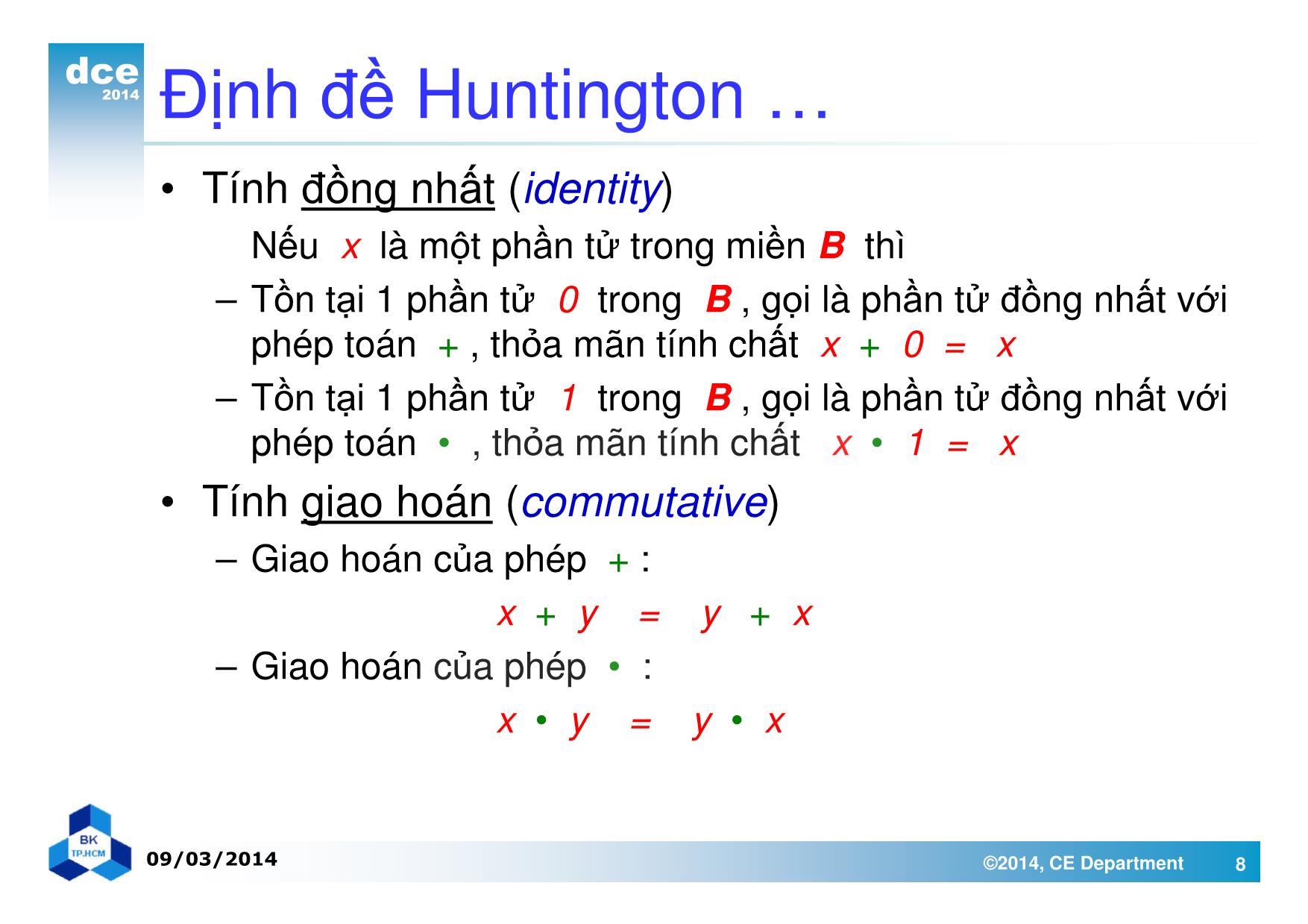 Bài giảng thiết kế luận lý 1 - Chương 2: Đại số Boole và các cổng luận lý trang 8