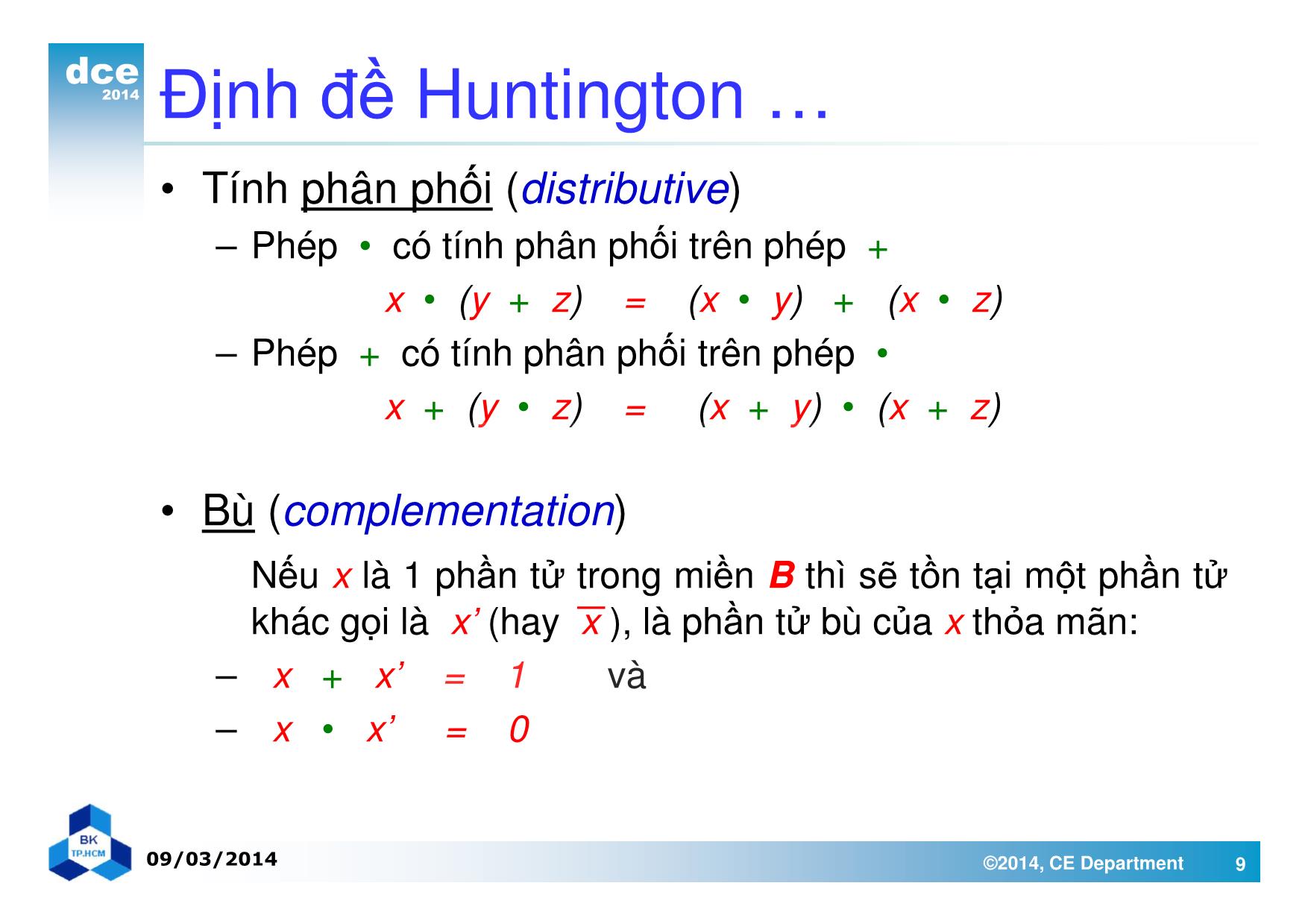 Bài giảng thiết kế luận lý 1 - Chương 2: Đại số Boole và các cổng luận lý trang 9