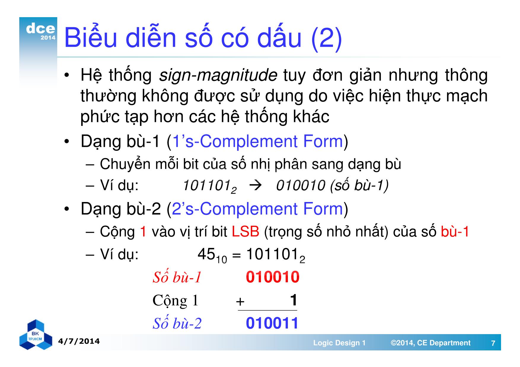 Bài giảng thiết kế luận lý 1 - Chương 4: Các phép toán và mạch số học trang 7