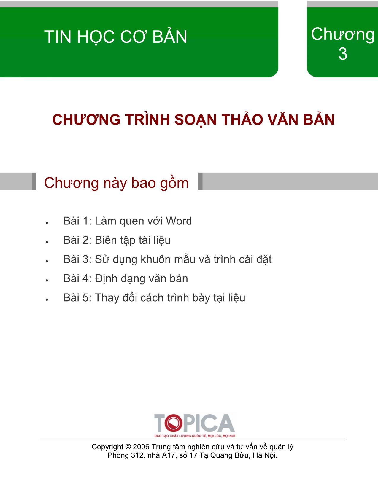 Bài giảng Tin học cơ bản - Chương 3: Chương trình soạn thảo văn bản trang 1