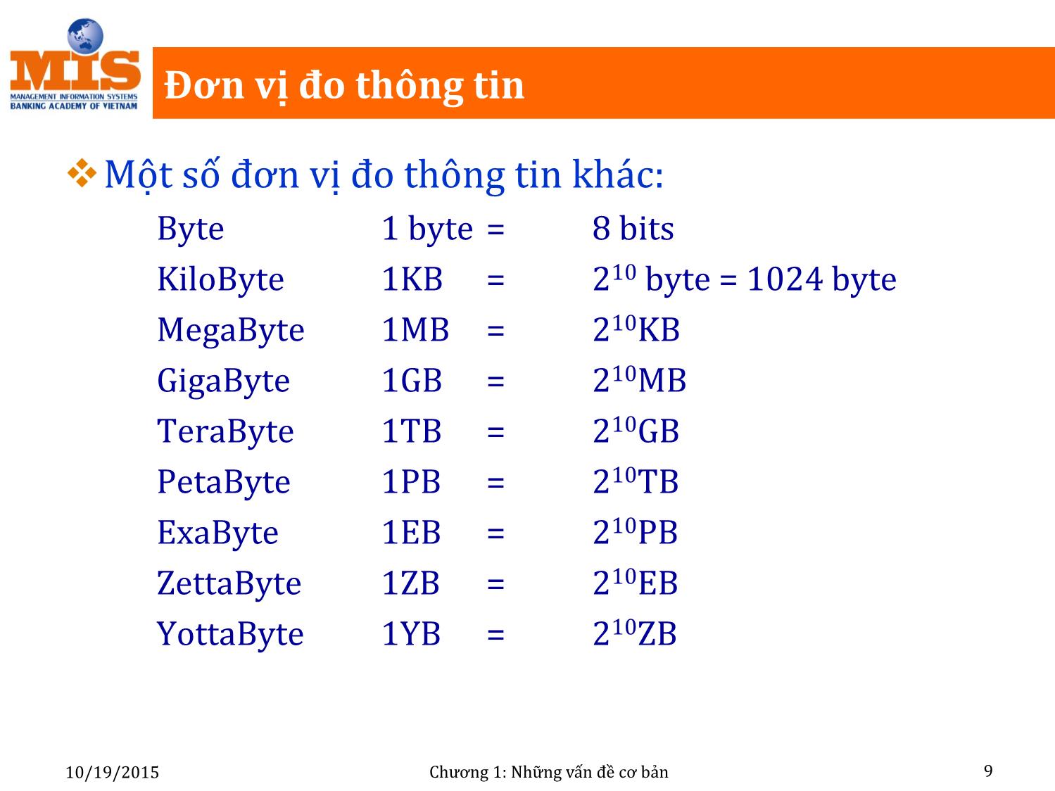 Bài giảng Tin học đại cương - Chương 1: Những vấn đề cơ bản - Ngô Thùy Linh trang 9