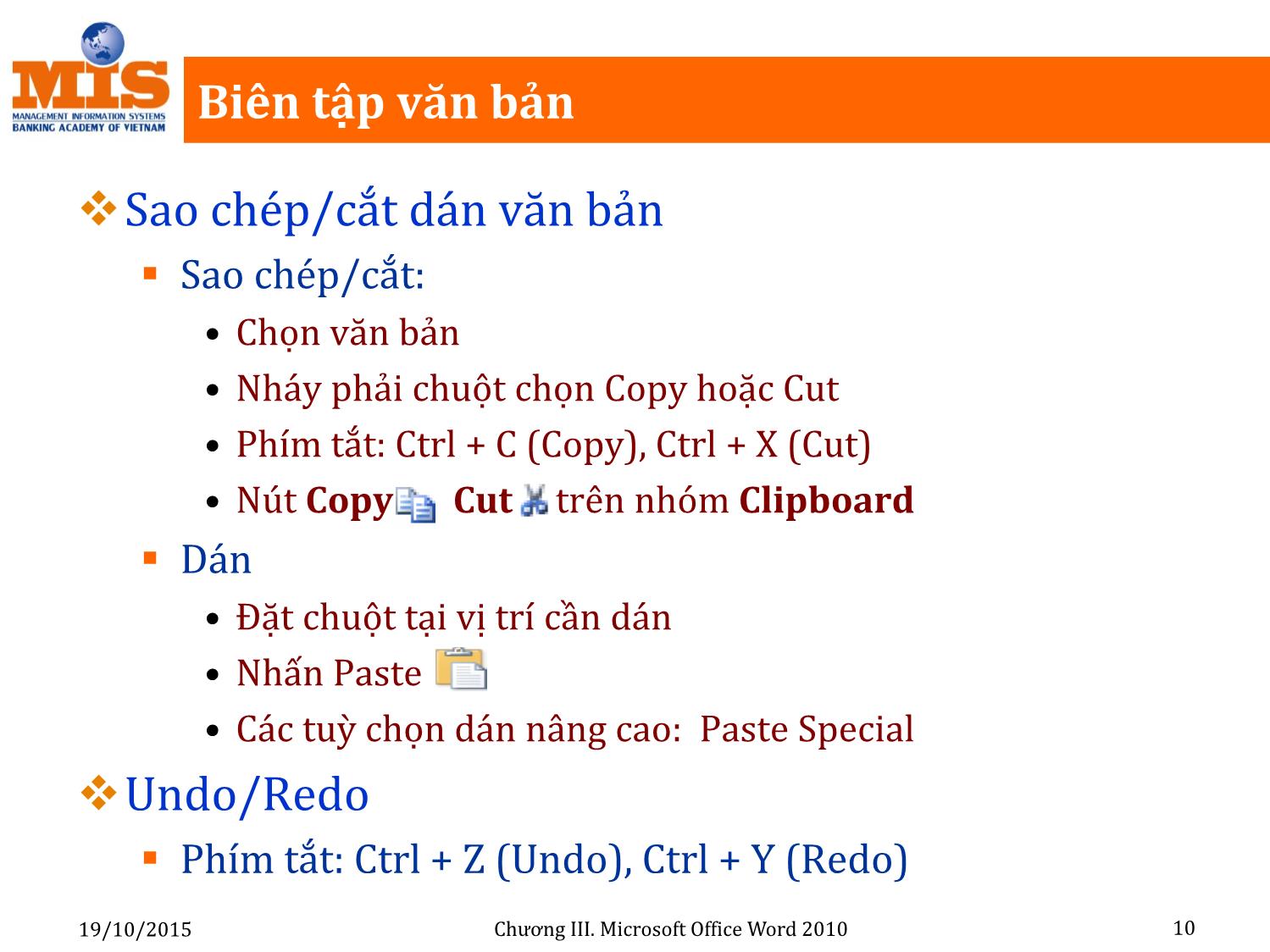 Bài giảng Tin học đại cương - Chương 3: Microsoft Office Word 2010 - Ngô Thùy Linh trang 10