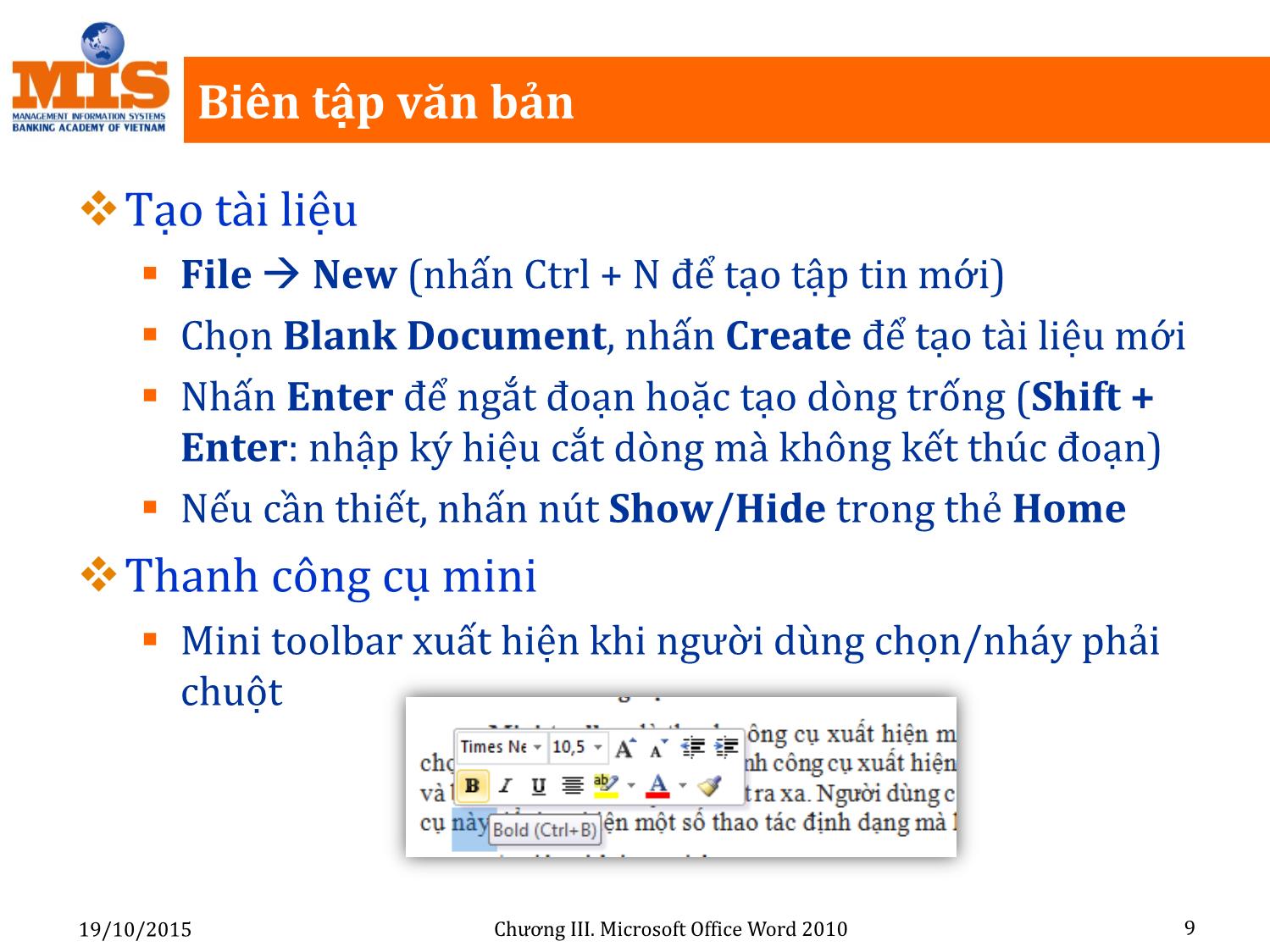 Bài giảng Tin học đại cương - Chương 3: Microsoft Office Word 2010 - Ngô Thùy Linh trang 9