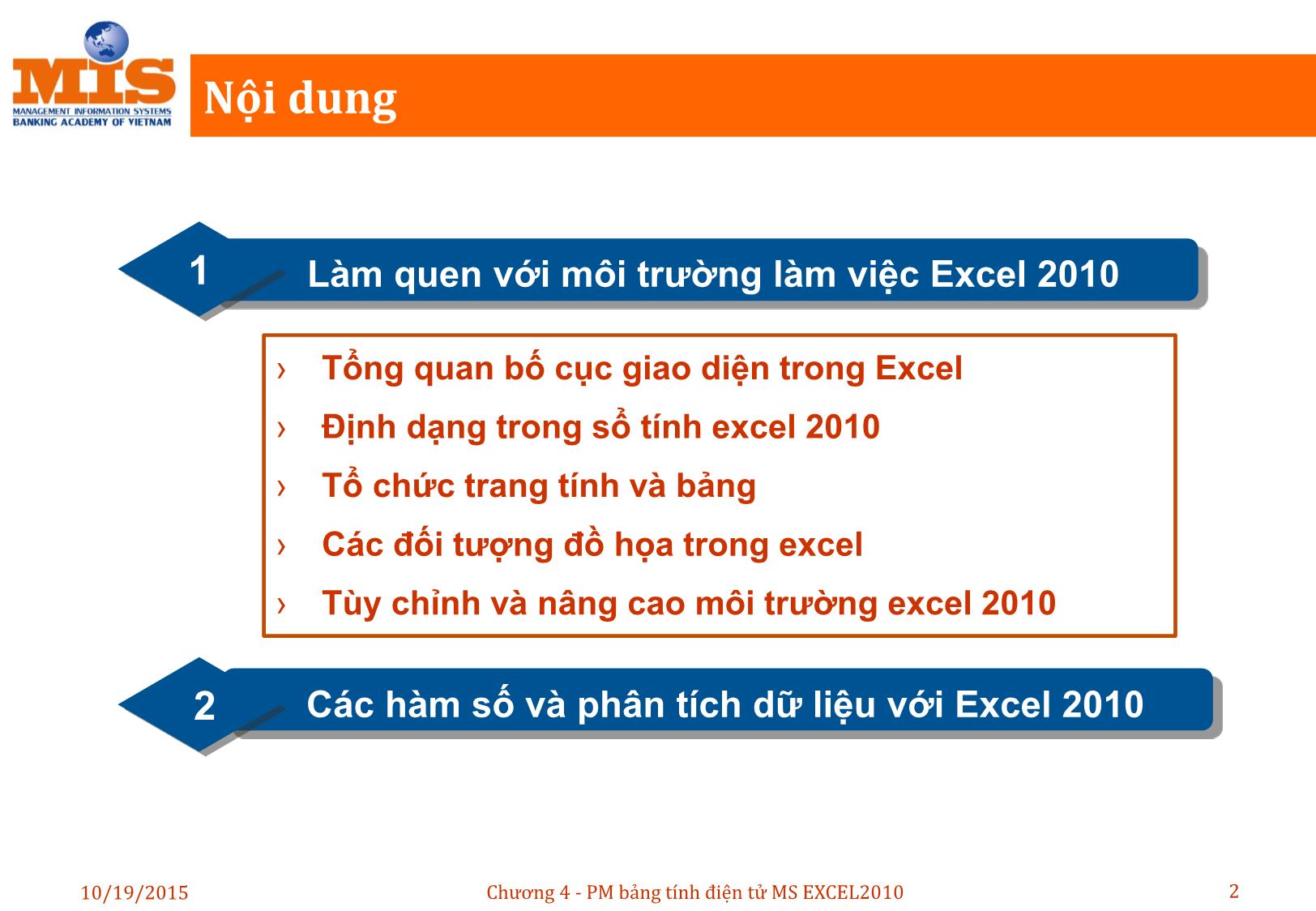 Bài giảng Tin học đại cương - Chương 4: Phần mềm bảng tính điện tử MS Excel 2010 - Ngô Thùy Linh trang 2