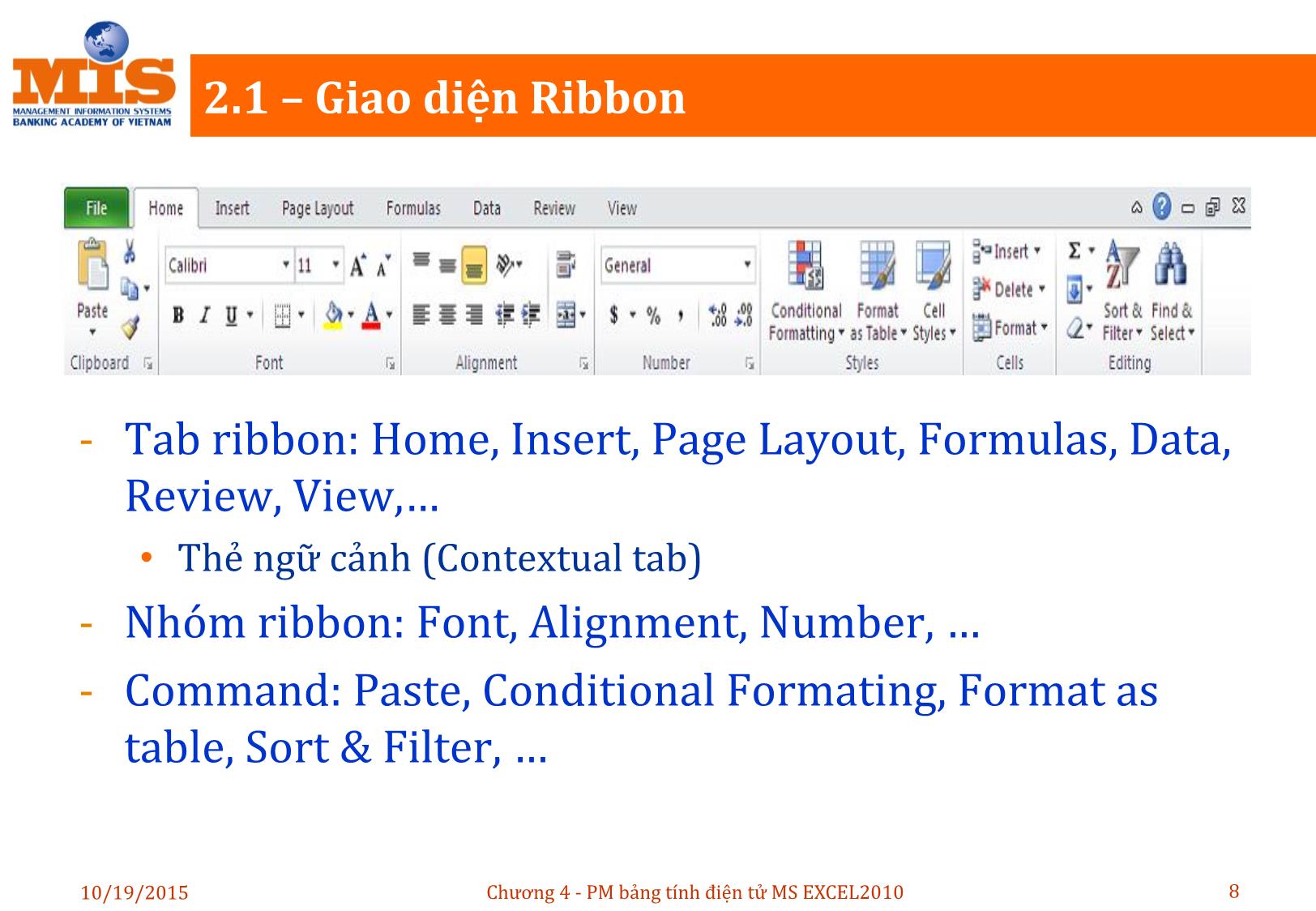 Bài giảng Tin học đại cương - Chương 4: Phần mềm bảng tính điện tử MS Excel 2010 - Ngô Thùy Linh trang 8